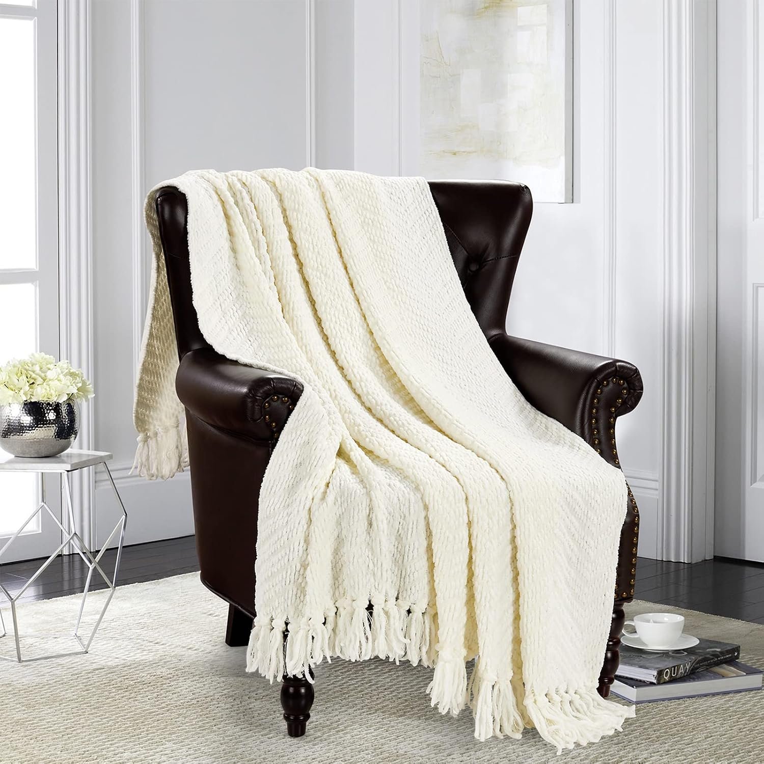 HOMEIDEAS Warm Tassel Knit Blanket Throw Size for Couch Sofa Bed, Cream Thick Knitted Armchair Office Chair Throw Blankets, Winter Chunky Blankets(50×60)