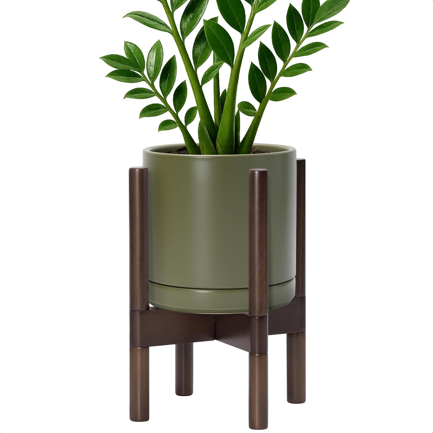 D’vine Dev Ceramic Pot with Walnut Wood Stand, Olive, 8 in, 55-B-Y-J