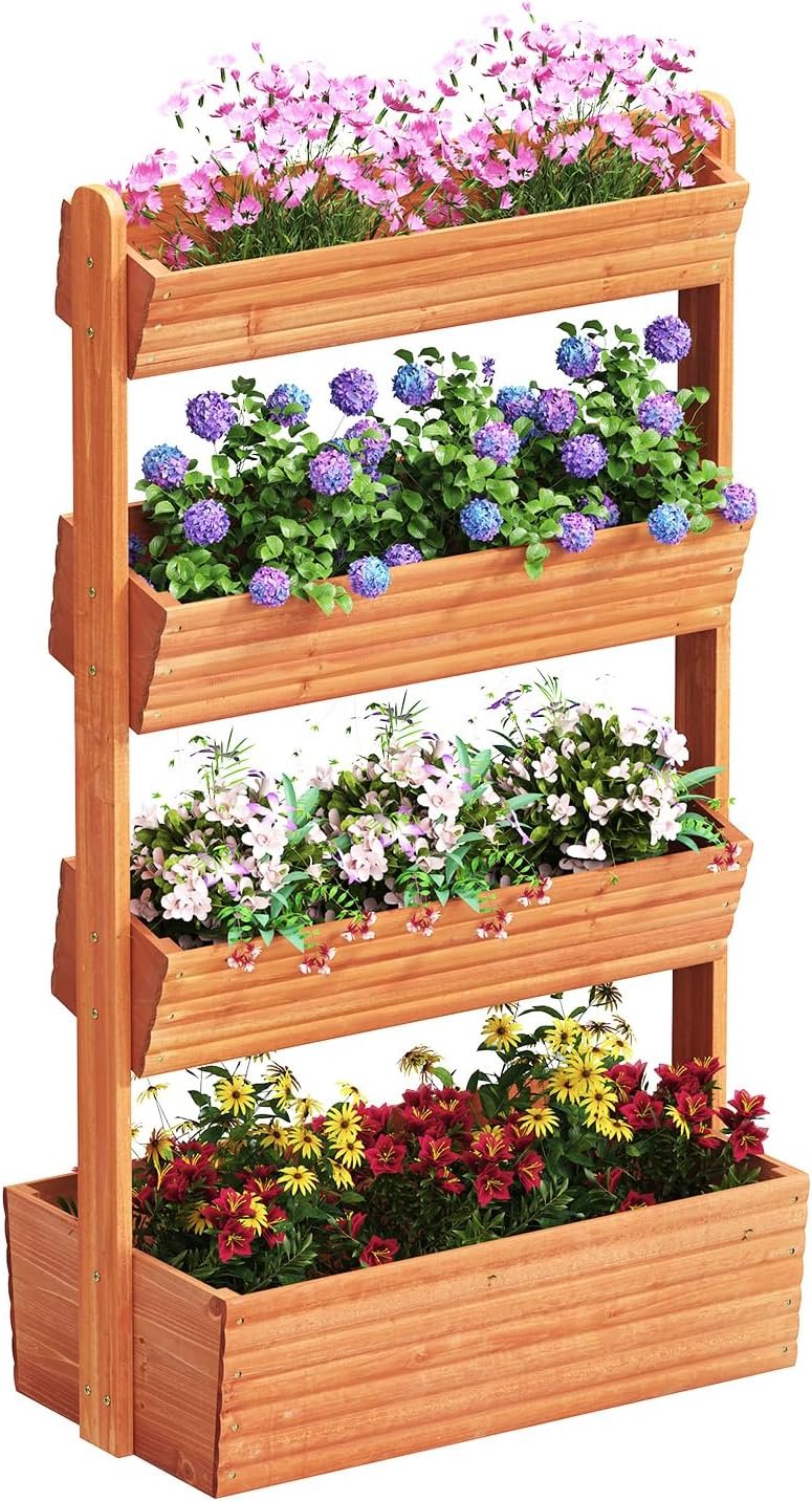 kiplant Adjustable Angle 4-Tiered Wooden Raised Garden Bed, Freestanding Vertical Planter Rack, Plant Box for Herbs, Veggies & Flowers, Indoor & Outdoor Gardening