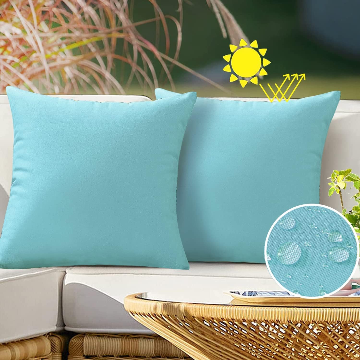 VAKADO Outdoor Waterproof Throw Pillow Covers 18X18 Set of 2 Decorative Aqua Patio Furniture Turquoise Cushion Cases Outside Decor for Couch Garden Bench Porch