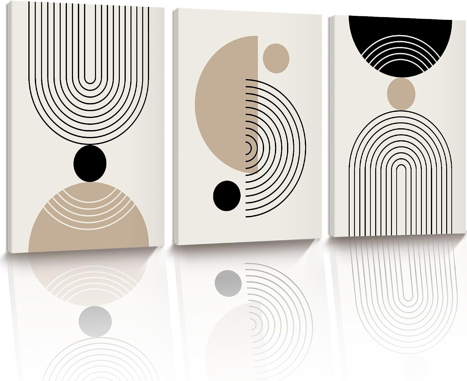 HesenDot Abstract Geometric Wall Art Set of 3, 30x40CM Minimalist Line Framed Canvas Prints, Boho Modern Neutral Beige Black Shapes Wall Decor for Living Room Bedroom Bathroom Office Home