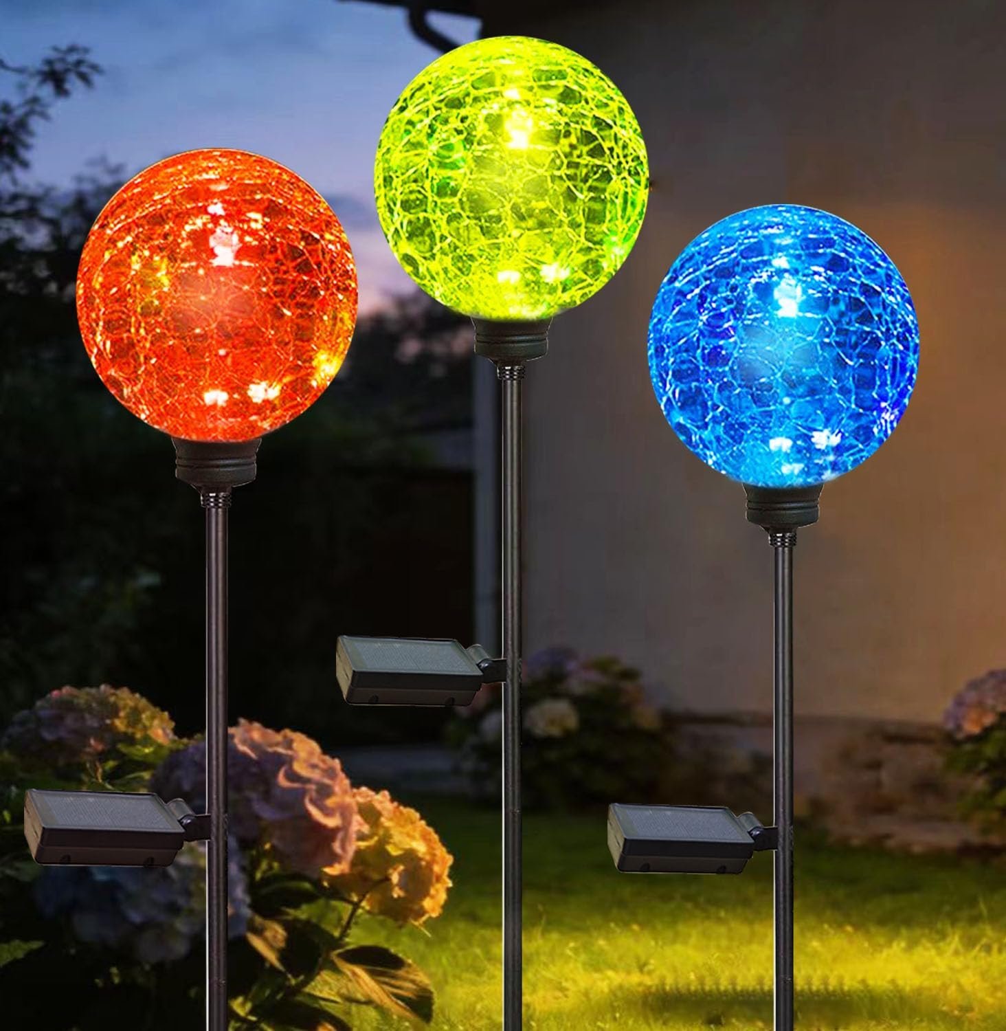 3 Pack Cracked Glass Solar Globe Lights, Color Changing Outdoor Garden Stake Lights