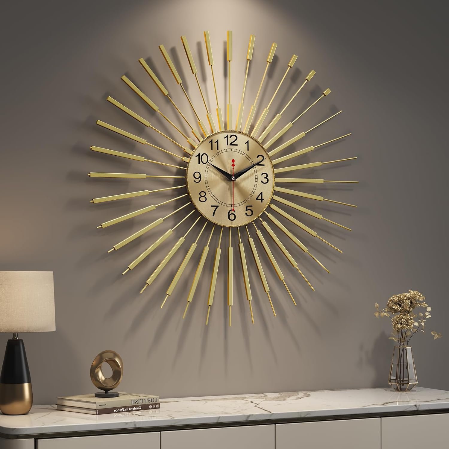 Cuspin 24 Inch Gold Wall Clock, Large Mid Century Modern Sunburst Clocks