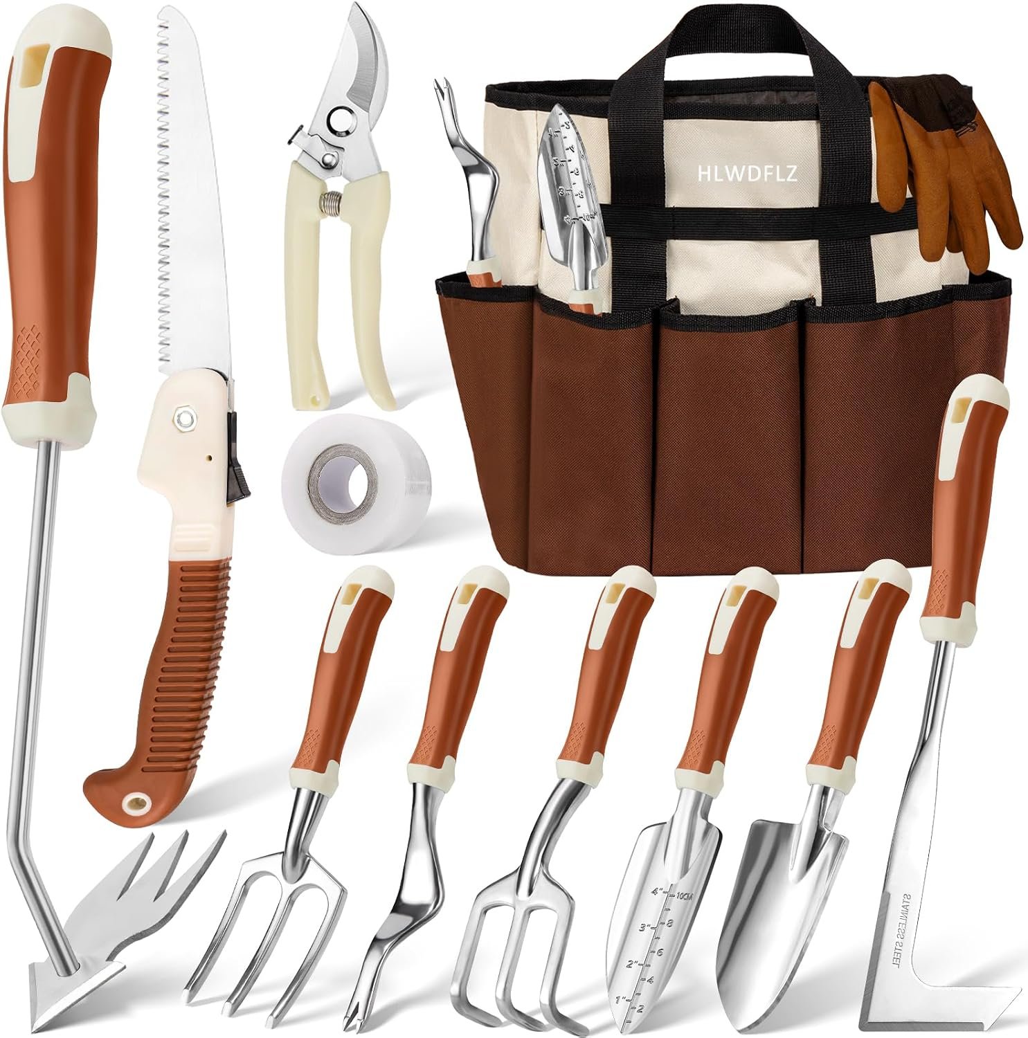 Garden Tool Set, 12 Pcs Heavy Duty Floral Gardening Tools Kit with Gardening Hand Weeder Tools, Durable Storage Bag and Gardening Gloves, Gardening Gifts for Women and Men Brown