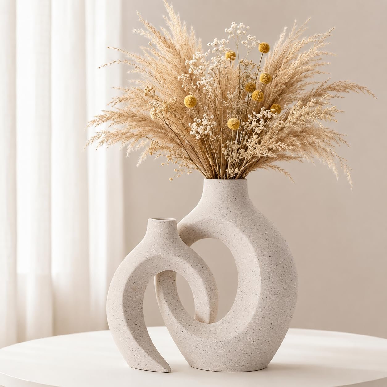 Ceramic Donut Vase Set of 2, Beige Hollow Decorative Flower Vase, Modern Nordic Boho Home Decor for Living Room, Coffee Table, Shelf, Entryway Table, Centerpiece