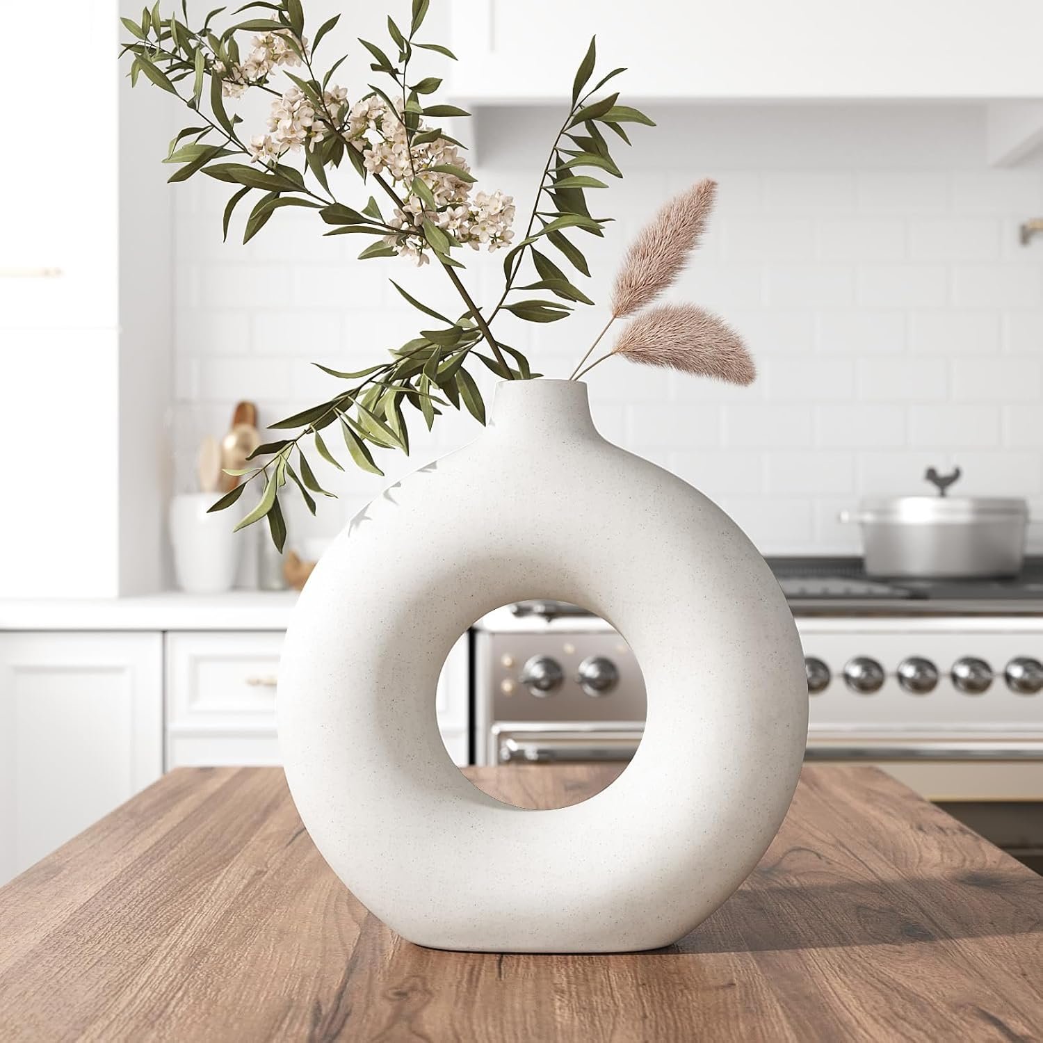 Cream White Ceramic Vase for Home Decor, Donut Vase for Pampas Grass, Dried Flowers, 7.6 Inch Minimalist Boho Flower Vases Decorative for Table, Shelf, Living Room, Dining Room, Farmhouse