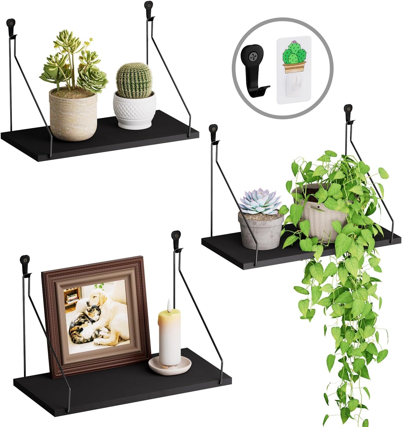QsQueen Elevate Your Space with Rustic Wood Floating Shelves Set of 3- Perfect for Bedroom, Living Room, Bathroom, and Kitchen Decor – Easy Installation, No Drilling Needed! Black