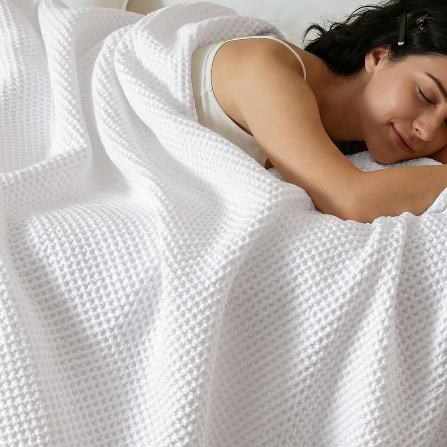 PHF 100% Cotton Waffle Blanket Lightweight Breathable, Queen Size, White