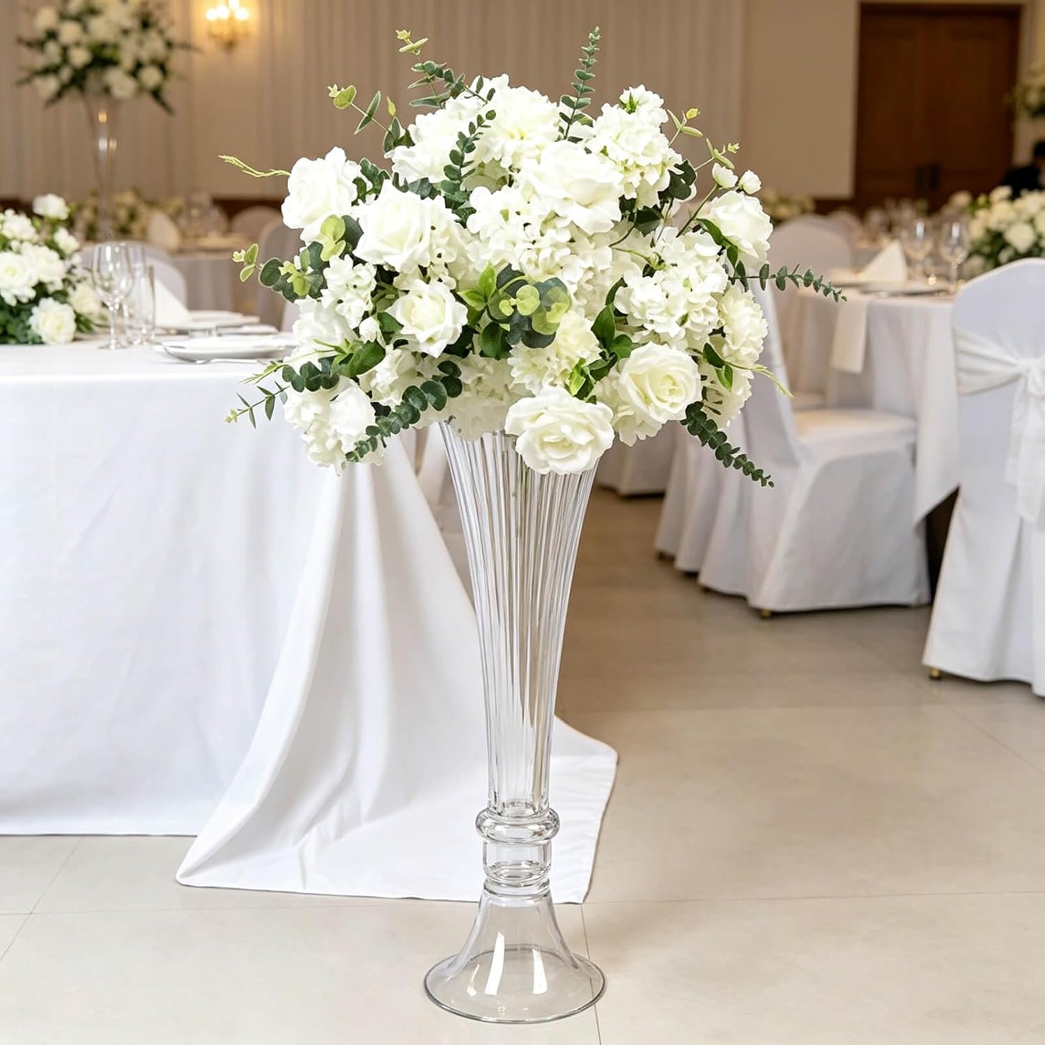 Efavormart 2 Pack Ribbed Glass Trumpet Vases Clear 24″, Fluted Tall Reversible Flower Vases for Table Centerpieces