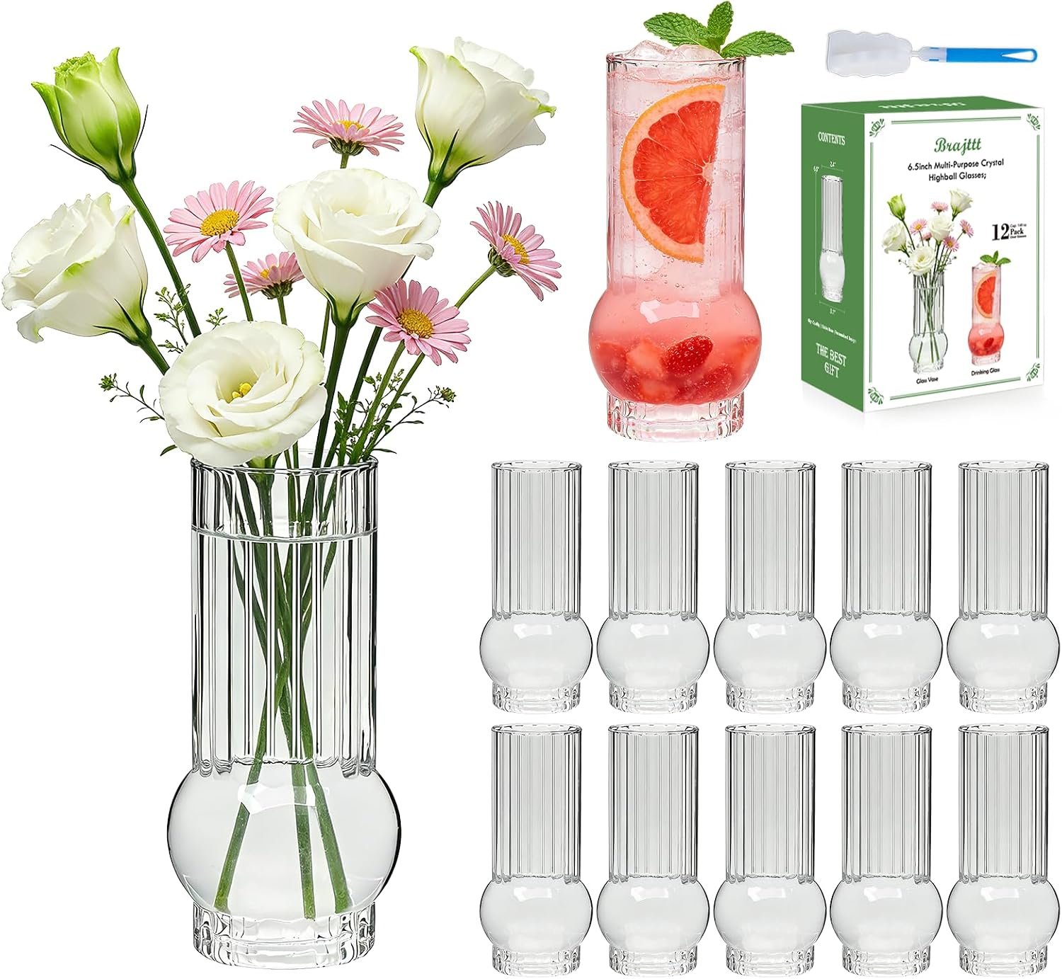 6.5Inch Drinking Glasses for Home Decor,12pcs Fluted Glass Vase Set