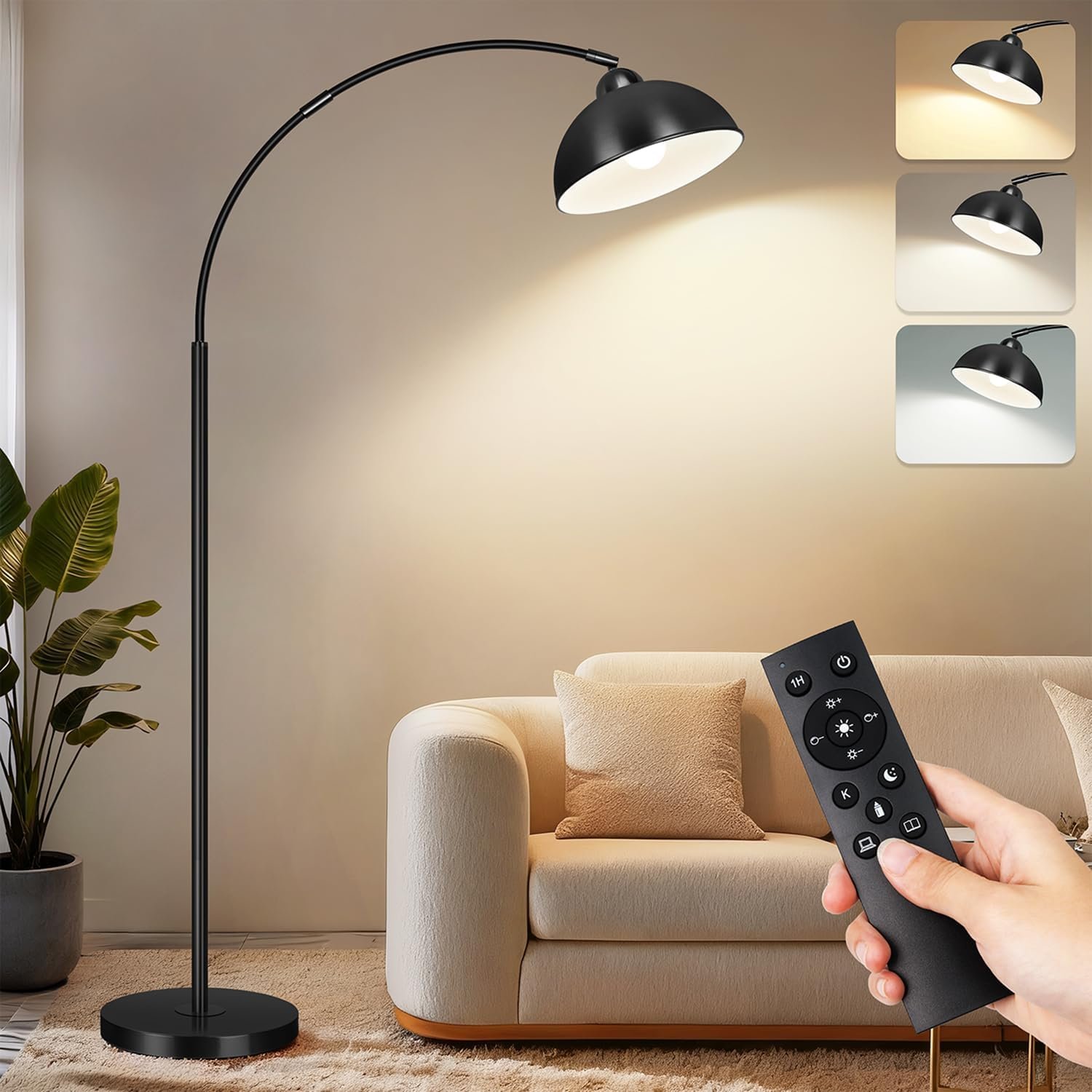 Arc Floor Lamps for Living Room, 72″ Modern Tall Lamp with Remote Control and Stepless Dimmable 9W LED Bulb, Over Couch Arched Reading Lamp for Bedroom, Office(Black)