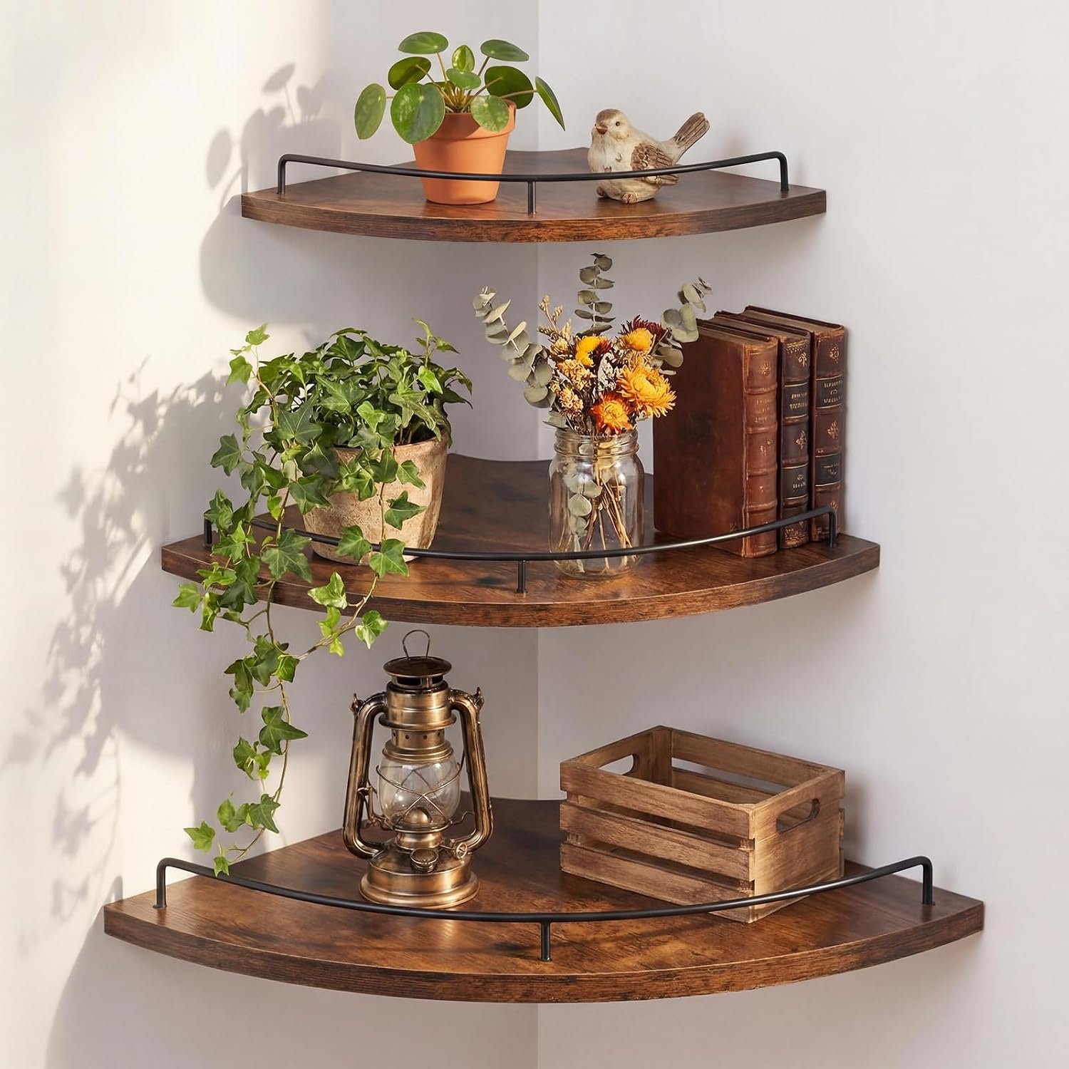 Novabright Corner Floating Shelf Set of 3 Rustic Brown Wood 9/10/12 in