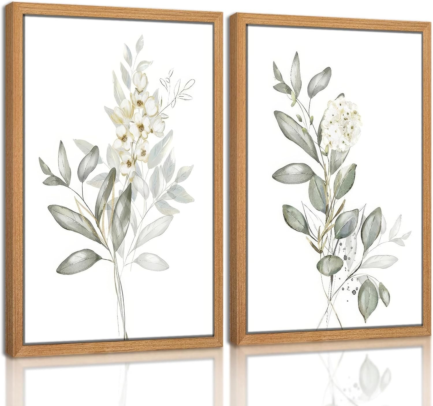 Framed Sage Green Botanical Wall Art Set of 3, Neutral Watercolor Eucalyptus Leaf White Floral Picture Wall Decor, Minimalist Nature Plant Canvas Prints for Bedroom Living Room Bathroom-12×16 Inch