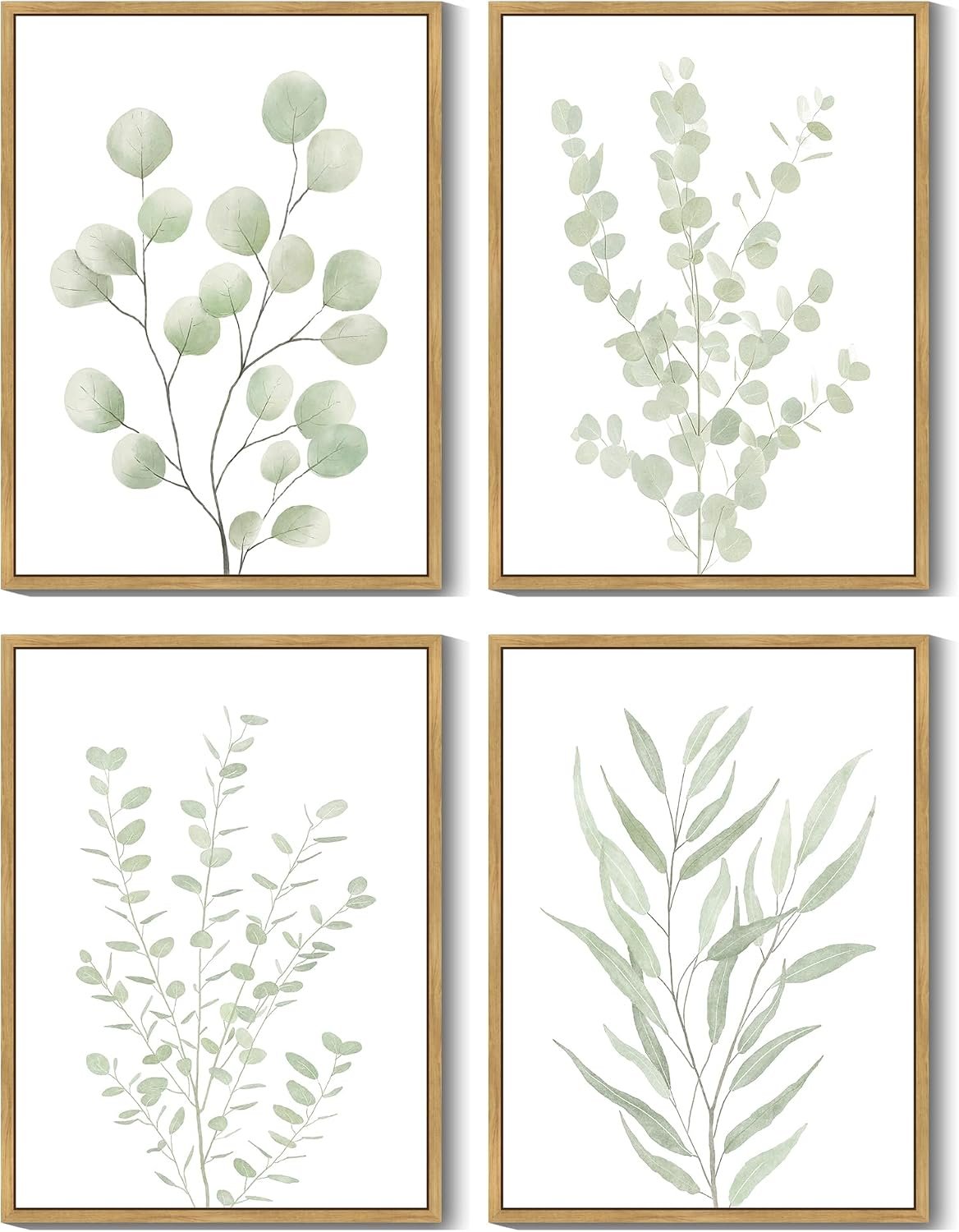 Drsoum Botanical Plant Framed Wall Art Boho Wall Decor for Bathroom Sage Green Eucalyptus Leaf Prints Minimalist Aesthetic Ready to Hang Set of 4, 11×14 in (Natural Framed)