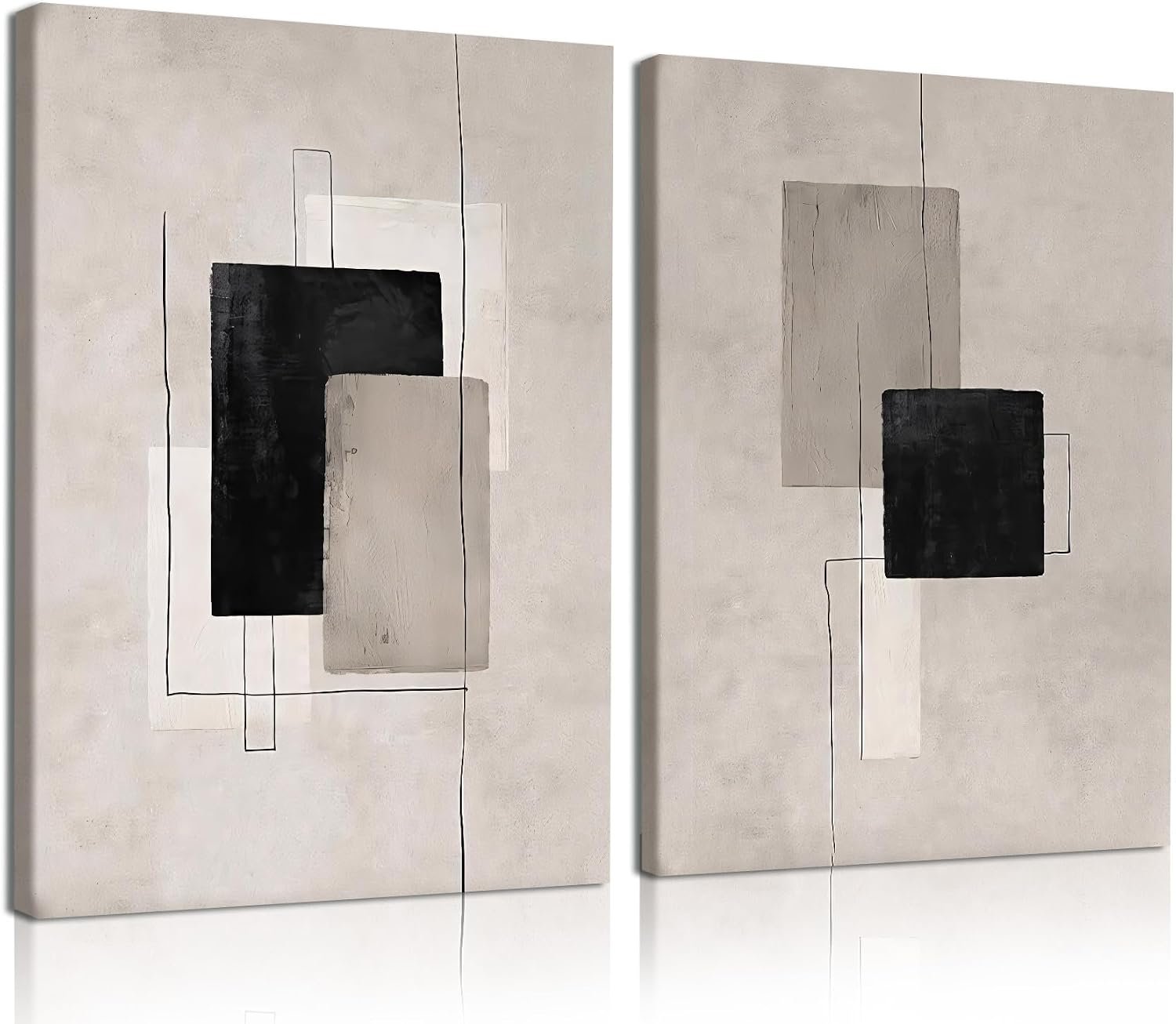 Kdyudo 2 Pcs Large Minimalist Block Line Canvas Framed Wall Art Neutral Abstract Print Poster Wall Decor Black Beige And Brown Geometric Square Line Painting Pictures Living Room Bedroom 12×16 Inch
