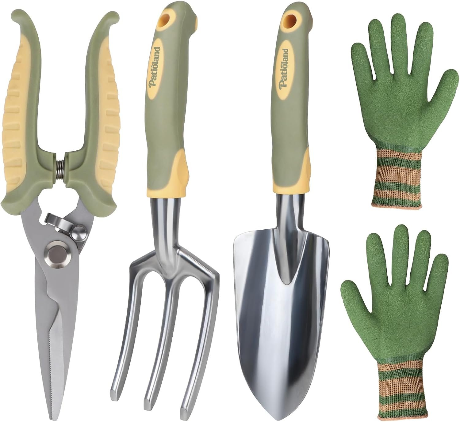 Green Garden Tool Set 4-Piece, Trowel, Fork, Pruning Shear&Gloves