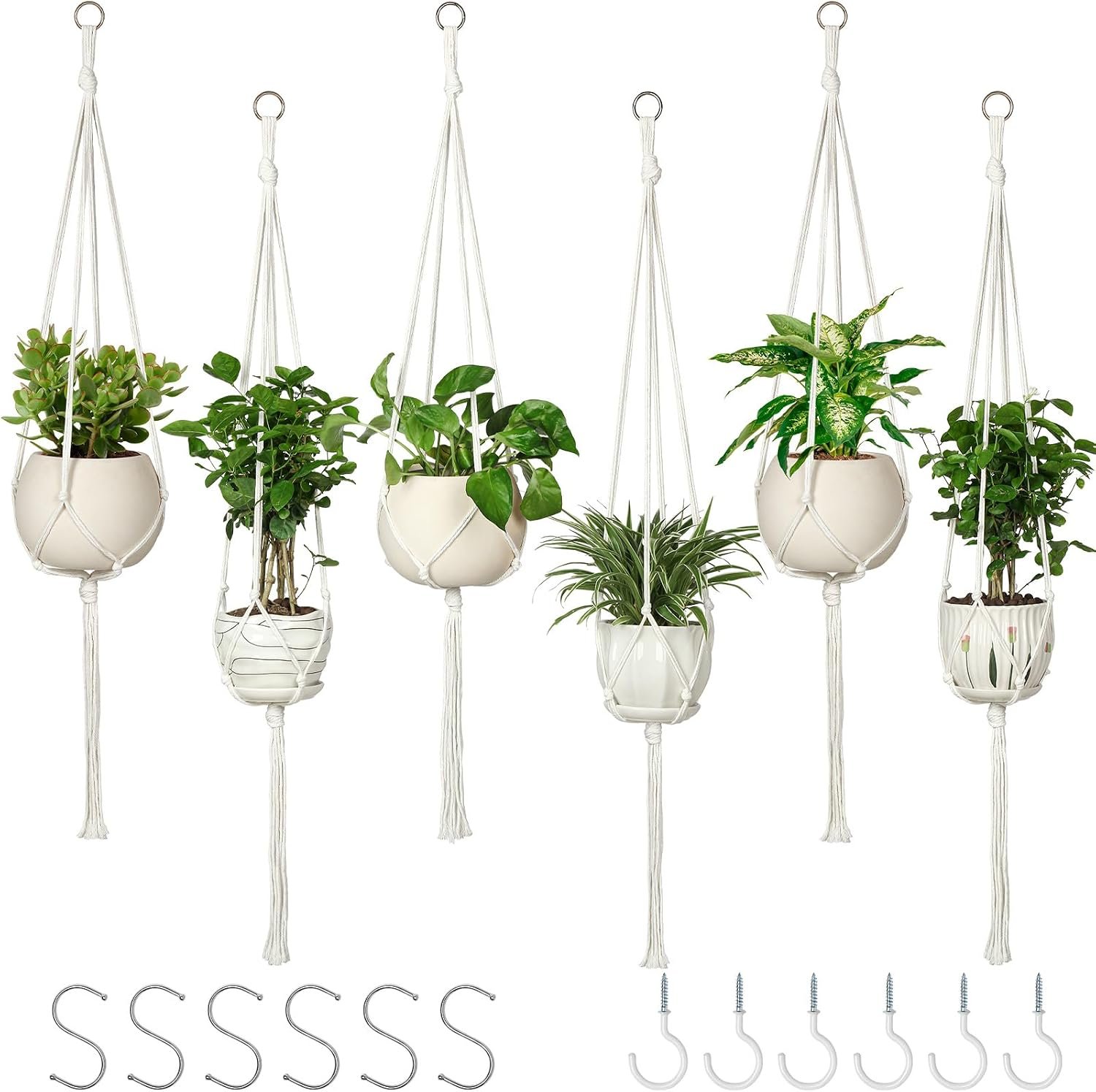 AOMGD 6 Pack Macrame Plant Hanger Indoor Hanging Planters, 43″, Ivory