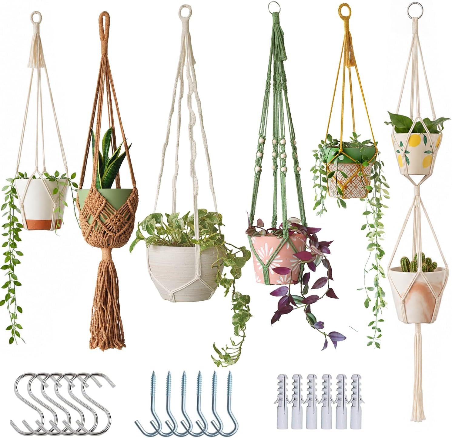 Bouqlife 6 Pack Macrame Plant Hangers Set with Hooks Indoor Hanging Planters with Patterns Handmade Cotton Rope Crochet Boho Plant Flower Pot Holders Fits Different Pot Sizes