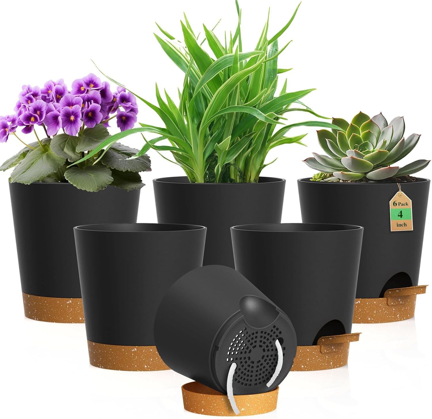 WSMKSZ 4 inch Self Watering Pots for Indoor Outdoor Plants, 6 Pack Plastic Flower Planters with Drainage Holes and Removable Saucers, Plant Pots with Wicking Rope, Modern Decor, Black Brown