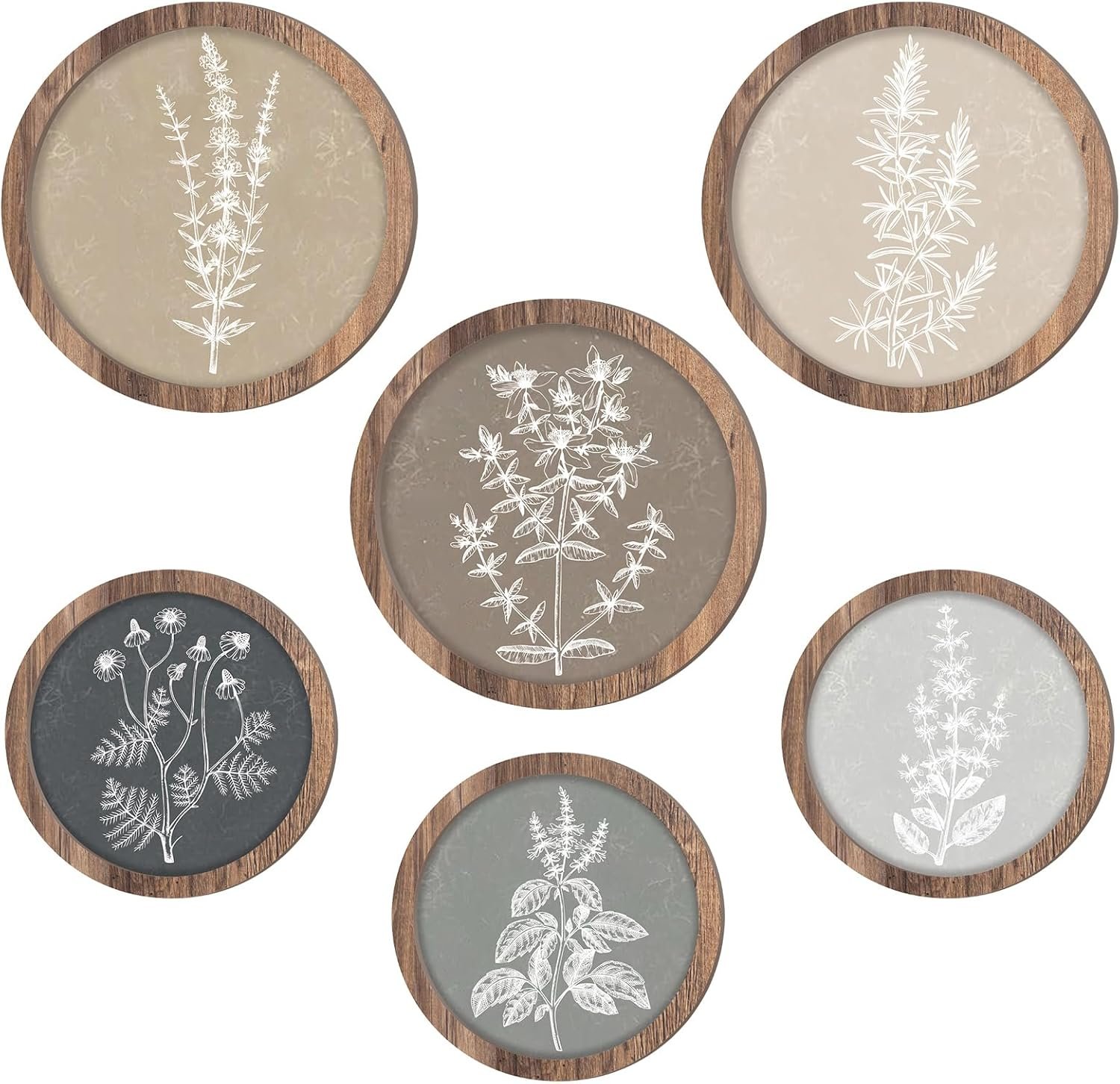 Threehoney 6 Pcs Botanical Wall Art Wooden Floral Wall Decor, 8”, 10”