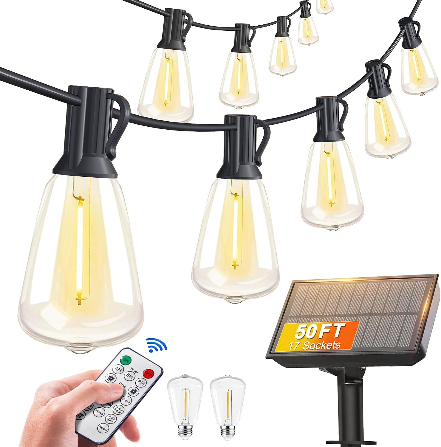 BLIATLUS 50FT Solar String Lights Outdoor Remote 17 Shatterproof LED Bulbs