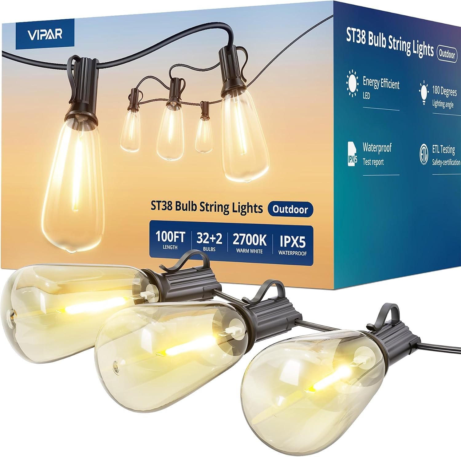 VIPAR Outdoor Lights,100FT ST38 Patio String Lights Waterproof for Outside