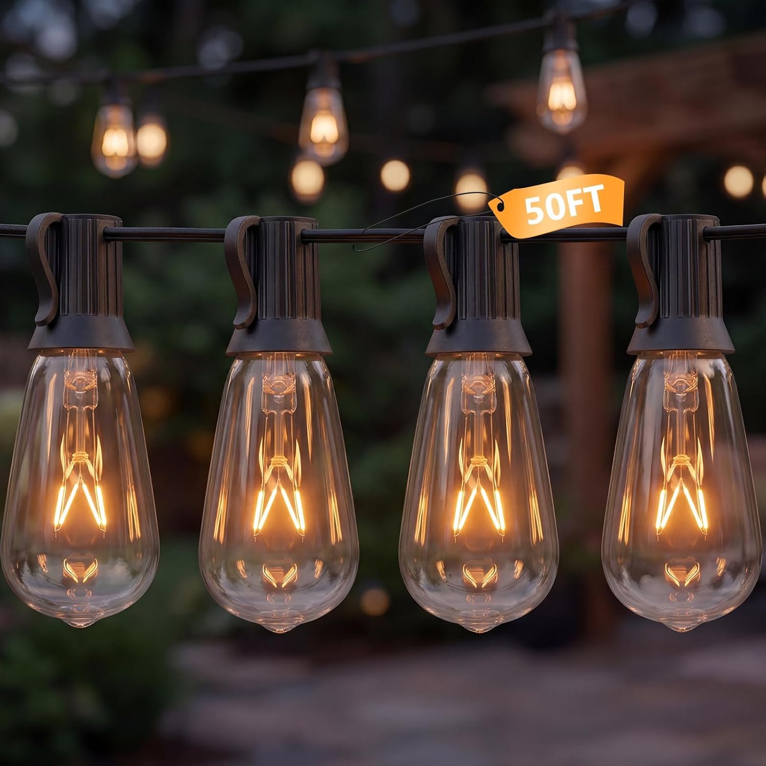 50Ft ST40 Outdoor Edison String Lights, Vintage Patio Lights for Outside with 25 7W Incandescent Bulbs Waterproof, Hanging Gazebo Lights for Backyard Balcony Porch Deck Bistro Decor, E17/C9 Screw Base