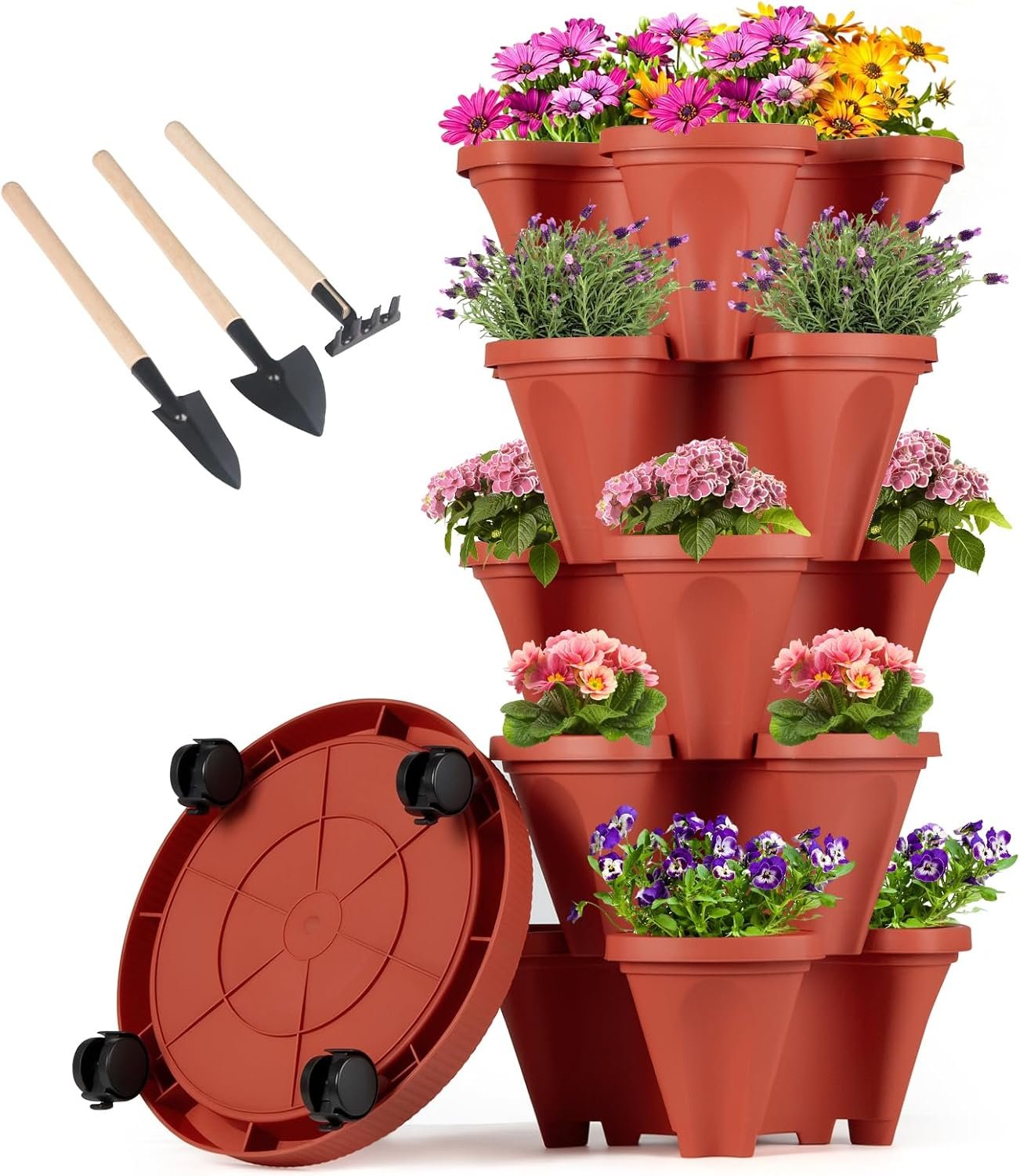 GameXcel Vertical Planter Tower – 5 Tier Stackable Garden Planters with Wheels and Tools Plant Pots for Strawberry Herb Flower and Vegetable Indoor Outdoor Use Red
