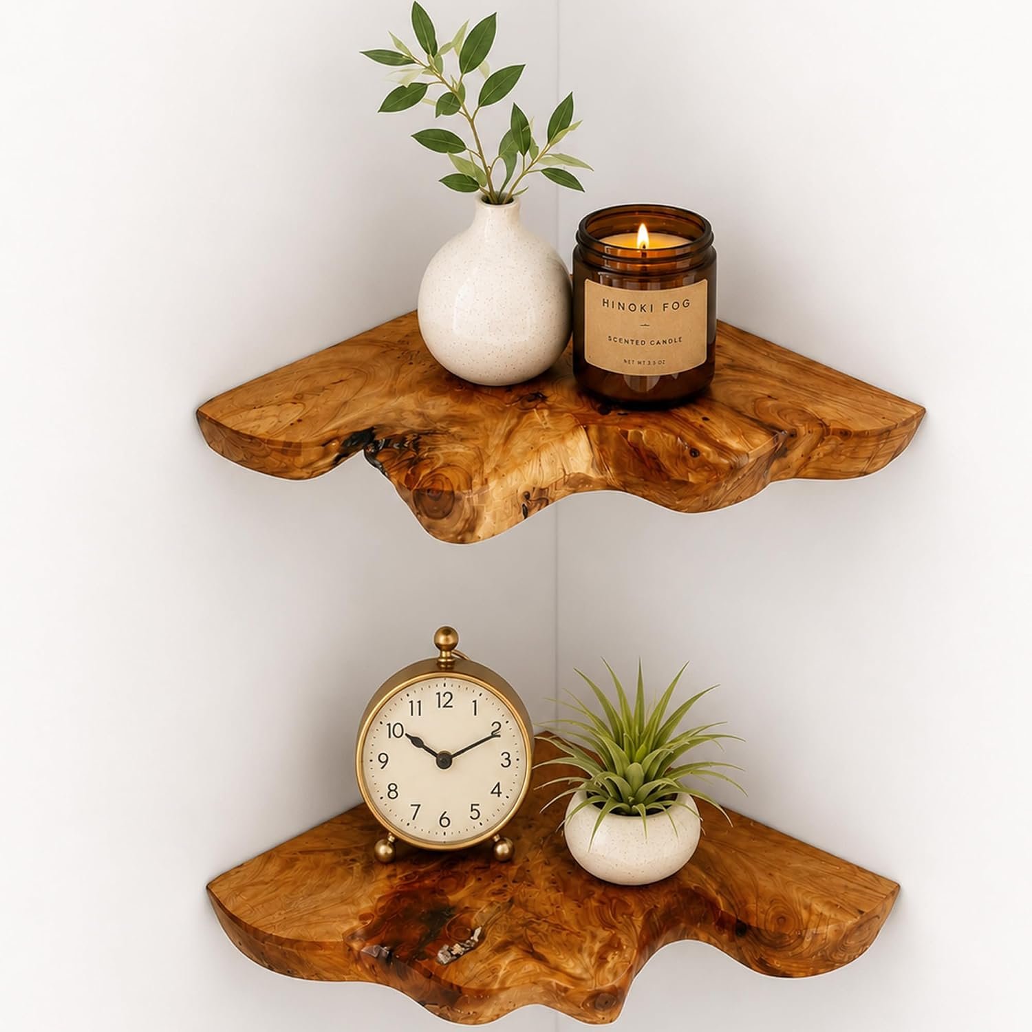 Floating Corner Shelf Set of 2, Handcrafted Live Edge Corner Wall Shelves, Cedar Root Wood Decor for Small Plants, Candles, Bedroom, Bathroom, Entryway, Kitchen, 7 x 7 Inch