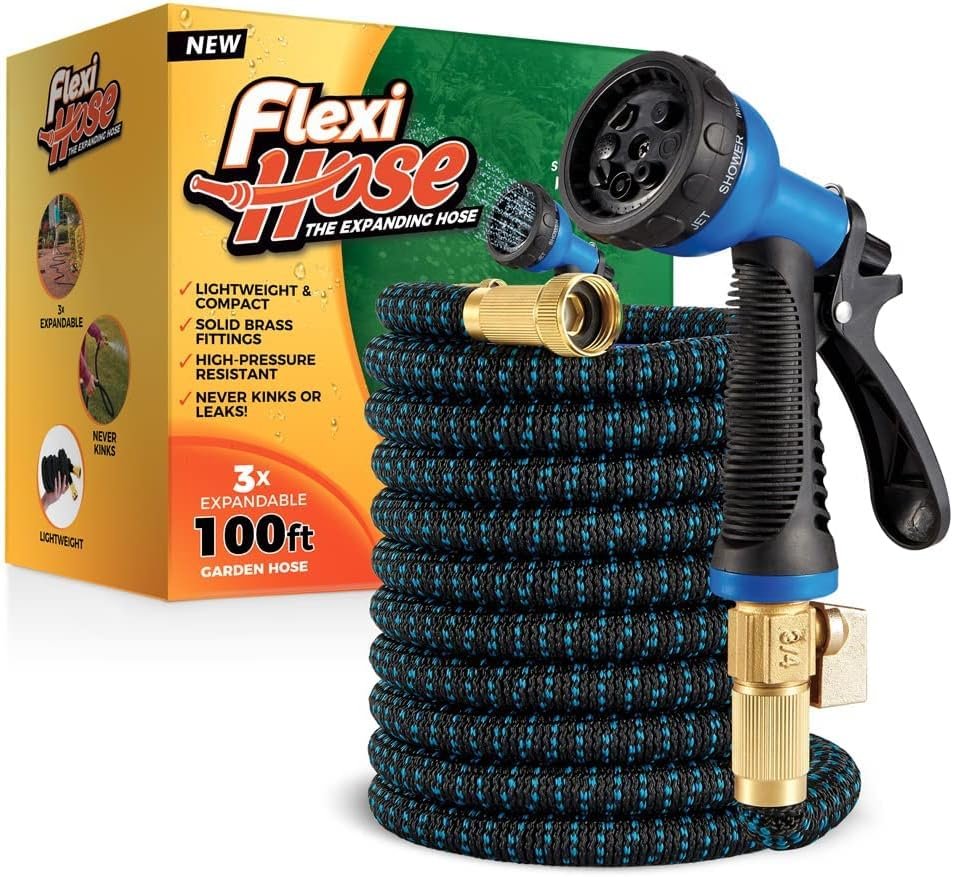 Flexi Hose Expandable Garden Hose with 8 Function Nozzle, 100FT – Lightweight Retractable Garden Hose, Water Hose – No-Kink Flexibility, 3/4 Inch Solid Brass Fittings and Double Latex Core