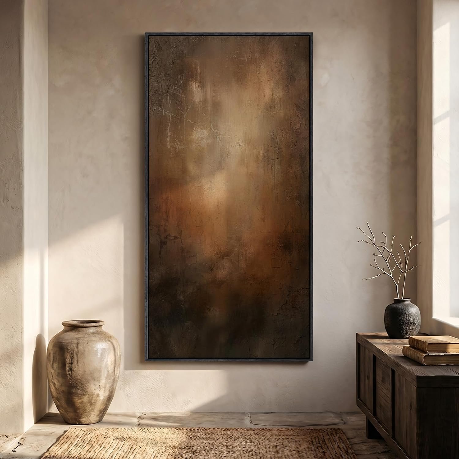 Large Framed Brown Moody Abstract Wall Art, 1 Piece Vertical 30×60 In