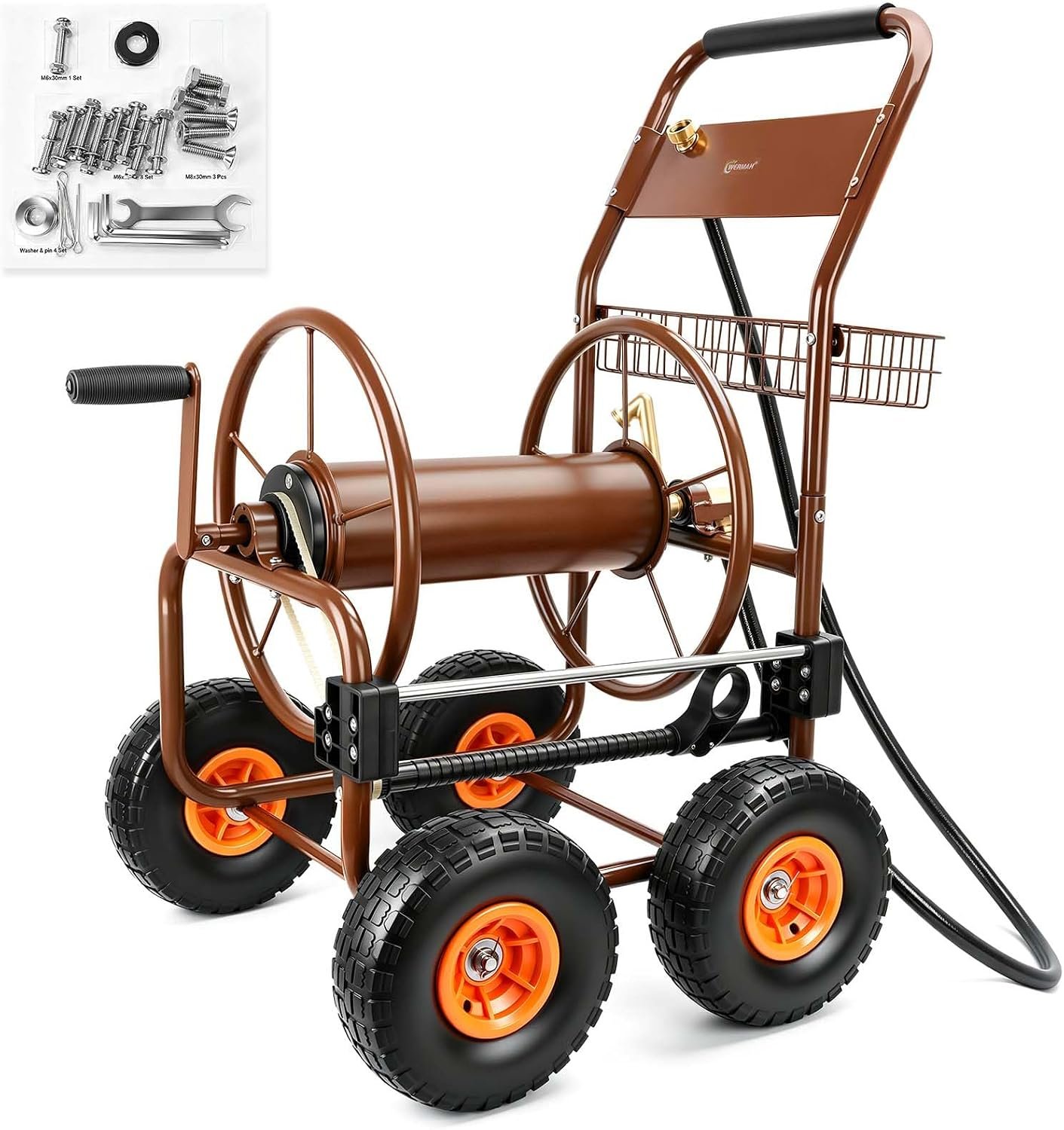 WERMAH Hose Reel Cart with Hose Guide, 4 Wheels Hose Cart, Holds 300ft 5/8″
