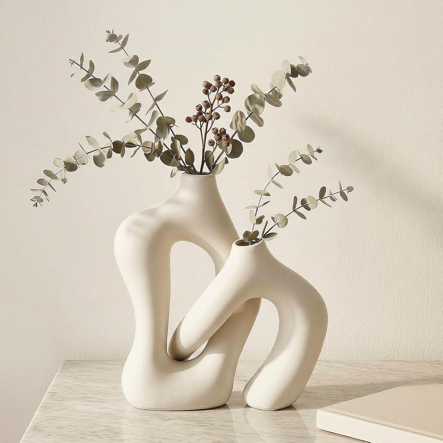 Dowan White Vases for Decor,Hollow Ceramic Vase Set of 2,8.3″ Nordic Modern Boho ins Style Decorative Ceramic Aesthetic Flower Vase for Home Decor Modern Minimalist Table, Entryway Centerpieces