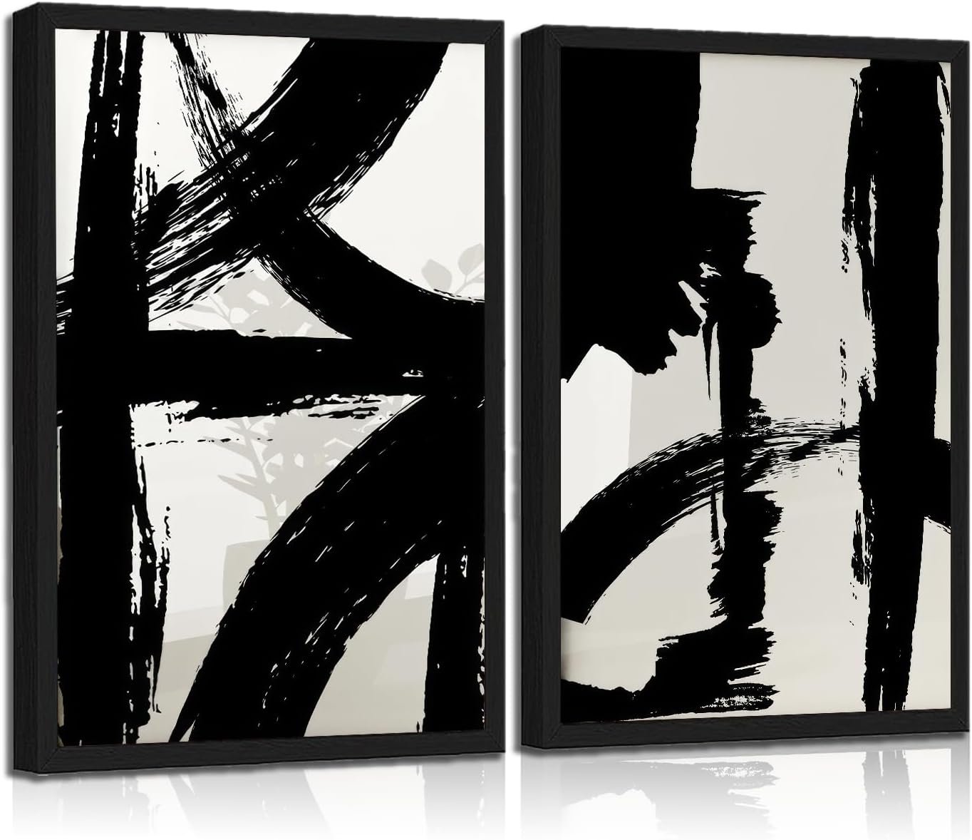 ONEOLTN Black Framed Abstract Black and White Brush Stroke Canvas Wall Art Modern Minimalist Ink Line Painting Picture Mid Century Geometric Prints Poster Graffiti Artwork for Office Decor 12x16in