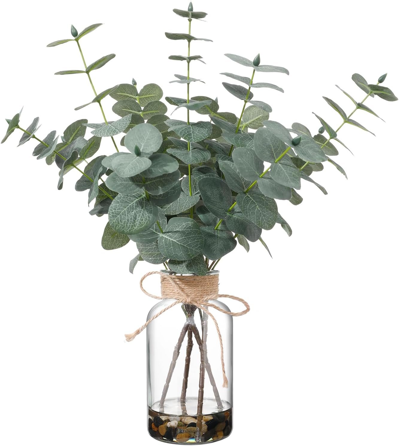 Artificial Eucalyptus Stems in Glass Vase, 15.74-in Greenery