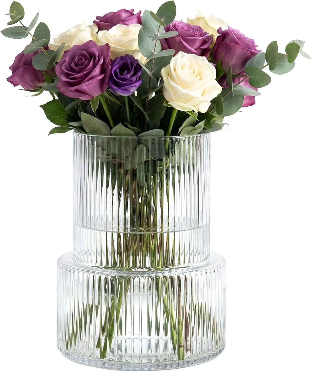 Ribbed Glass Cylinder Vase Set, Clear Modern Centerpiece
