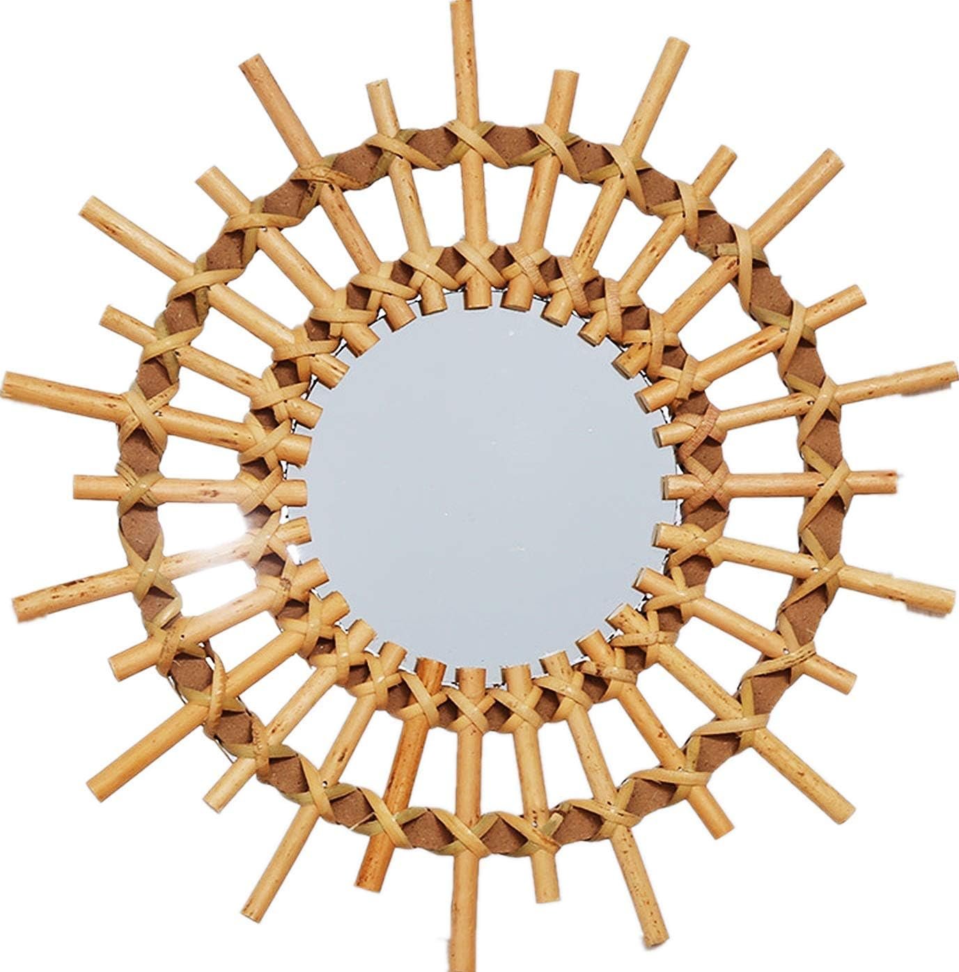OYPEIP 12″ Small Natural Rattan Sunburst Bohemian Hanging Glass Decor,Rustic Handwoven Innovative Art Decoration Round Makeup Mirror for Dressing Living Room Bedroom Bathroom Corridor,Entryway