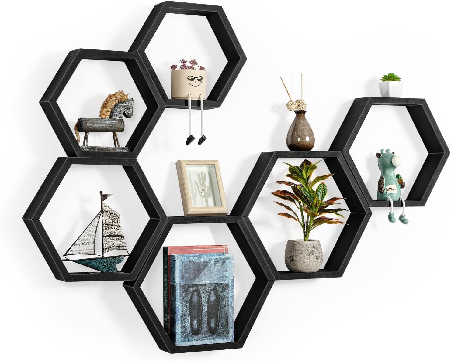 Hexagon Floating Shelves Black, Honeycomb Shelves for Wall Set of 6
