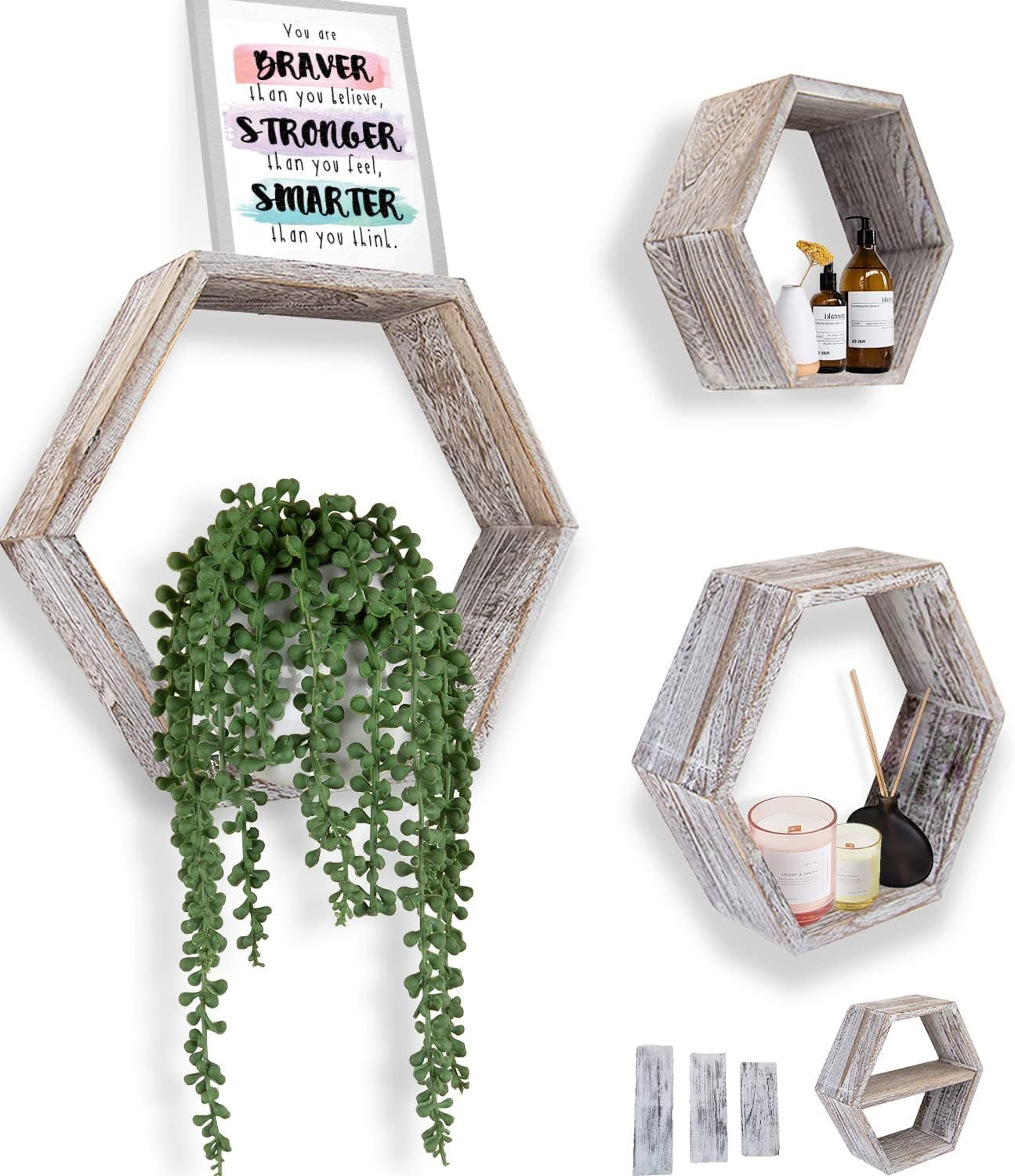 Comfify Rustic White Hexagonal Floating Shelves – Set of 3 – Honeycomb