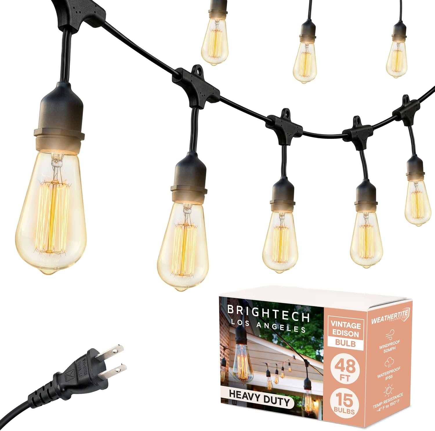 Brightech Ambience Pro Incandescent Outdoor String Lights – 48 Ft Dimmable Patio Light – 40W Commercial Waterproof Porch String Lights for Outside, Backyard – 15 Vintage Filament Bulbs, Warm White