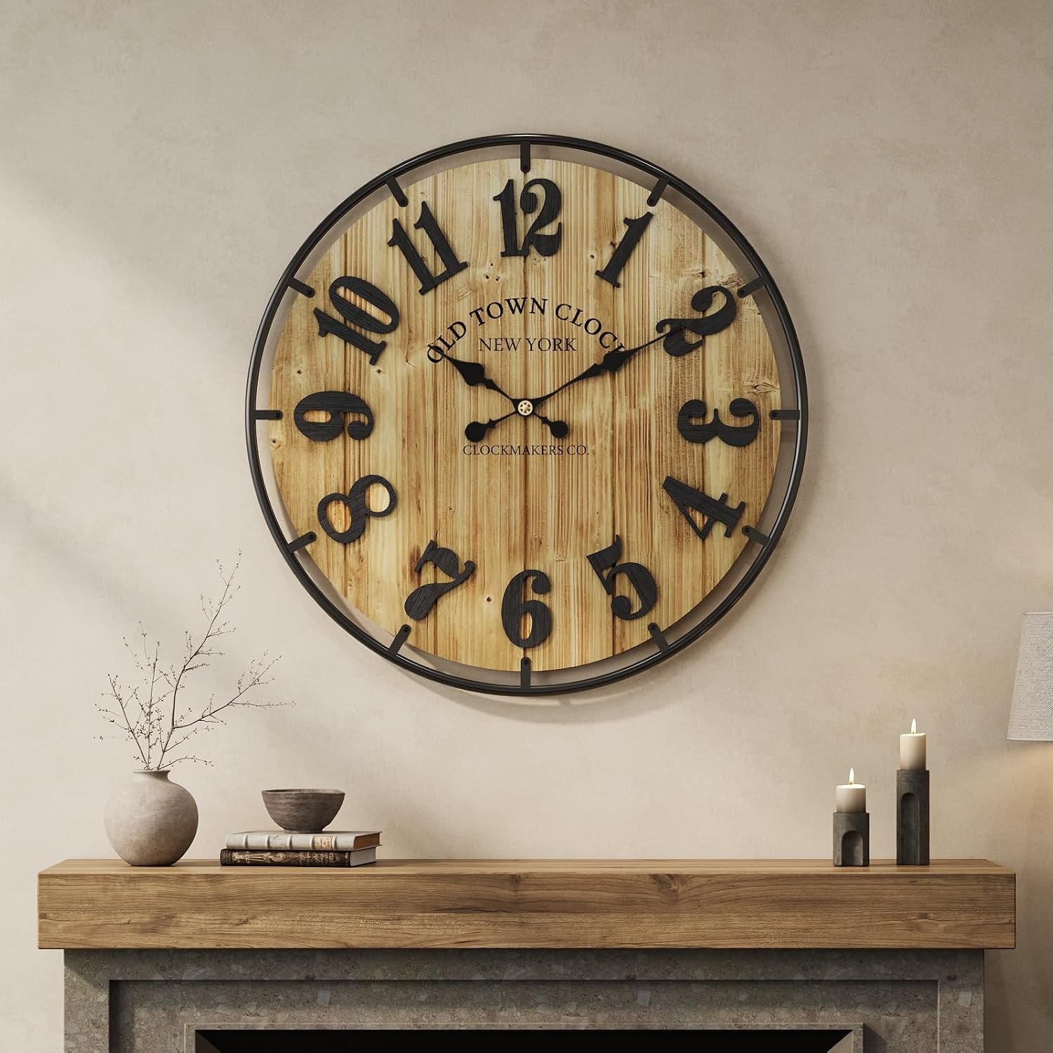 24 Inch Large Farmhouse Wall Clock for Living Room, Rustic Wood