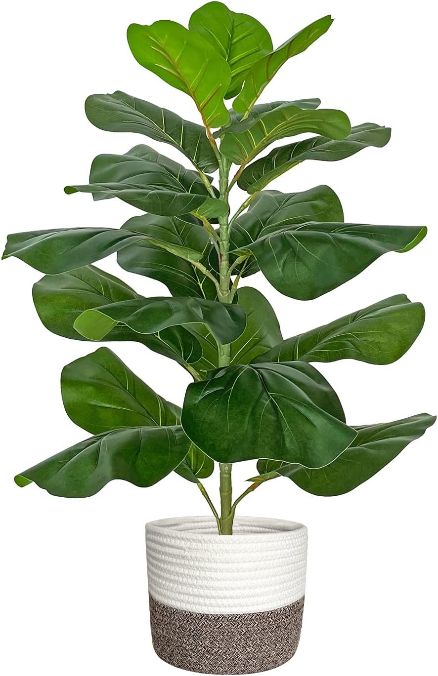 Artificial Fiddle Leaf Fig Tree/Faux Ficus Lyrata for Home Office Decoration, 30.5″ Tall, with Cotton Rope Basket