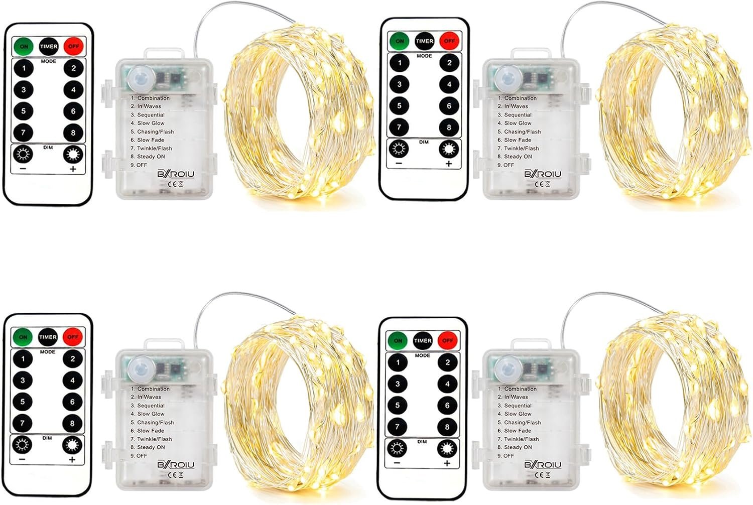 BXROIU 4 Pack Battery Operated Fairy String Lights, 8 Modes 5M Silver Wire with Remote & Timer – 50 LEDs Waterproof for Bedroom, Wedding, Christmas, Party Decorations