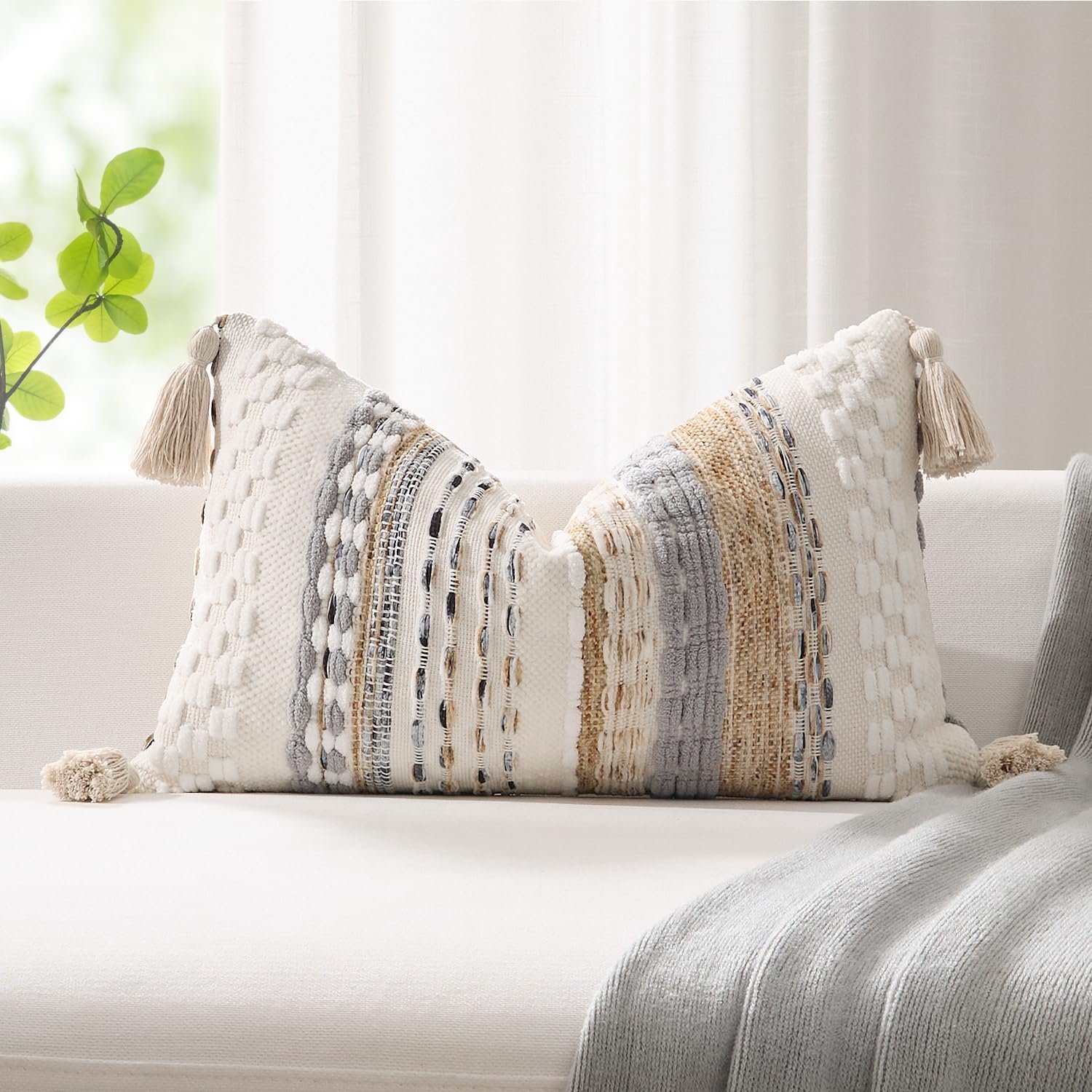 Kevin Textile Boho Tufted 12×20 Inch Lumbar Pillow Cover 1 Pack, Beige
