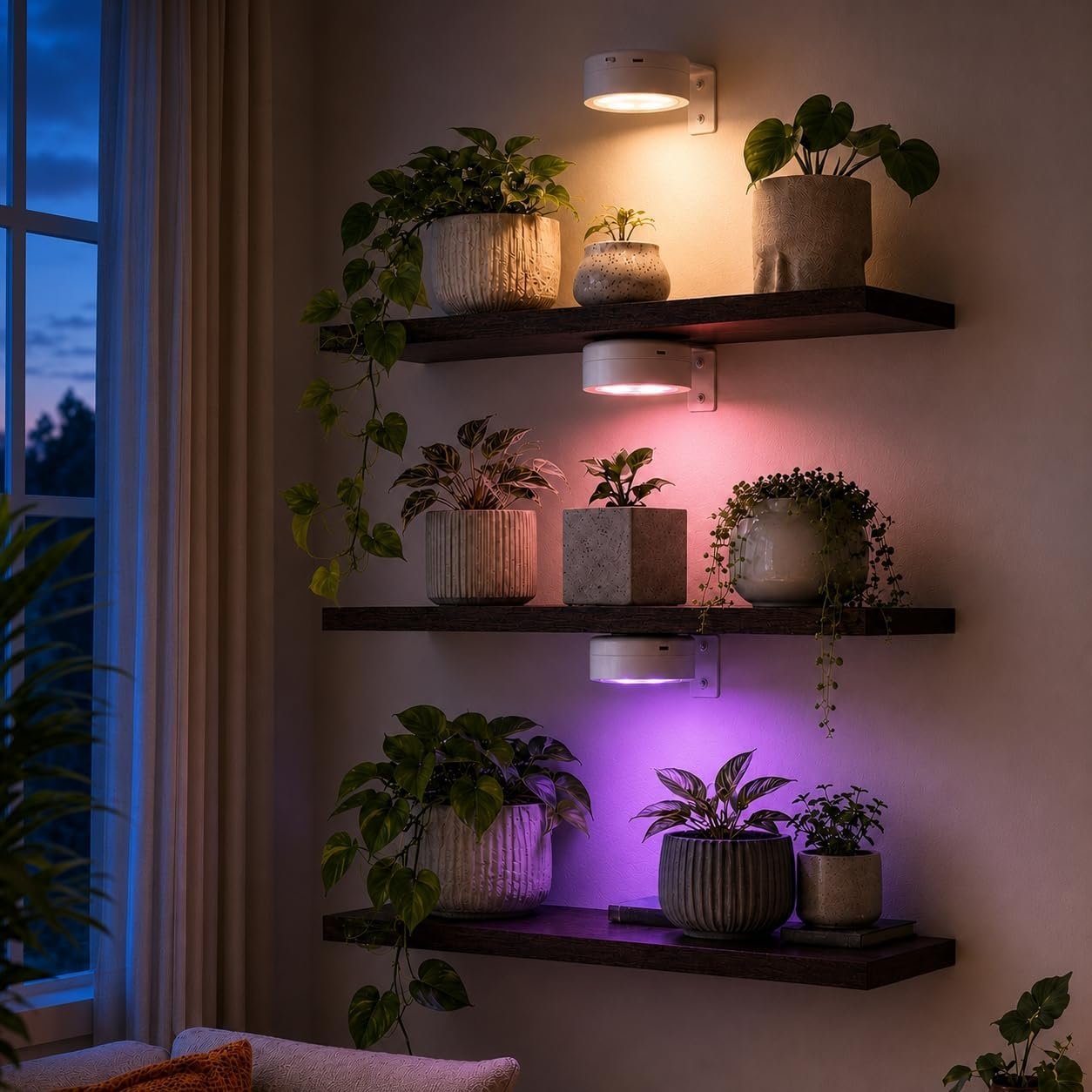Set of 3 Floating Shelves for Wall with 3 Rechargeable Plant Grow Lights