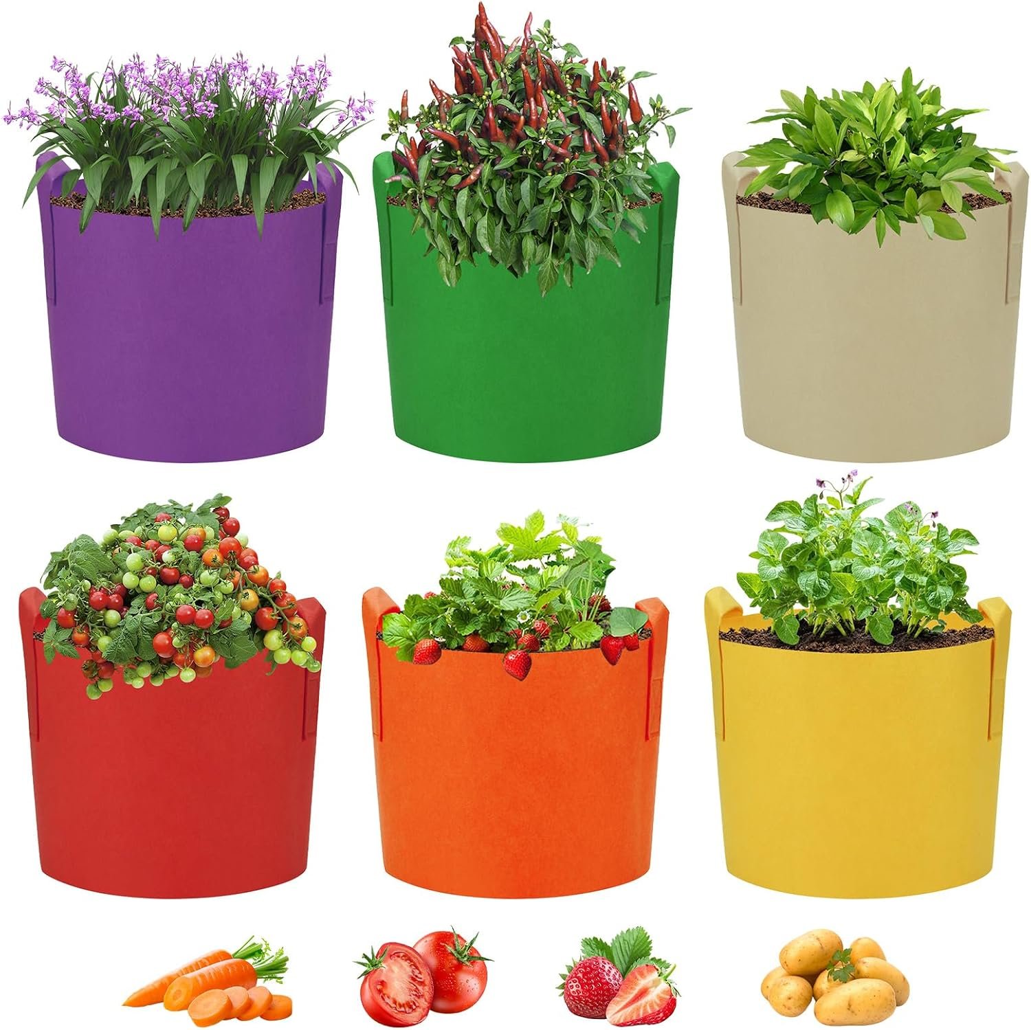 6 Pack 10 Gallon Grow Bags, Colorful Fabric Plant Pots with Handles, Garden 10 Gal Fabric Grow Pots, Vegetable Plant Growing Bags for Garden (10 Gallon)