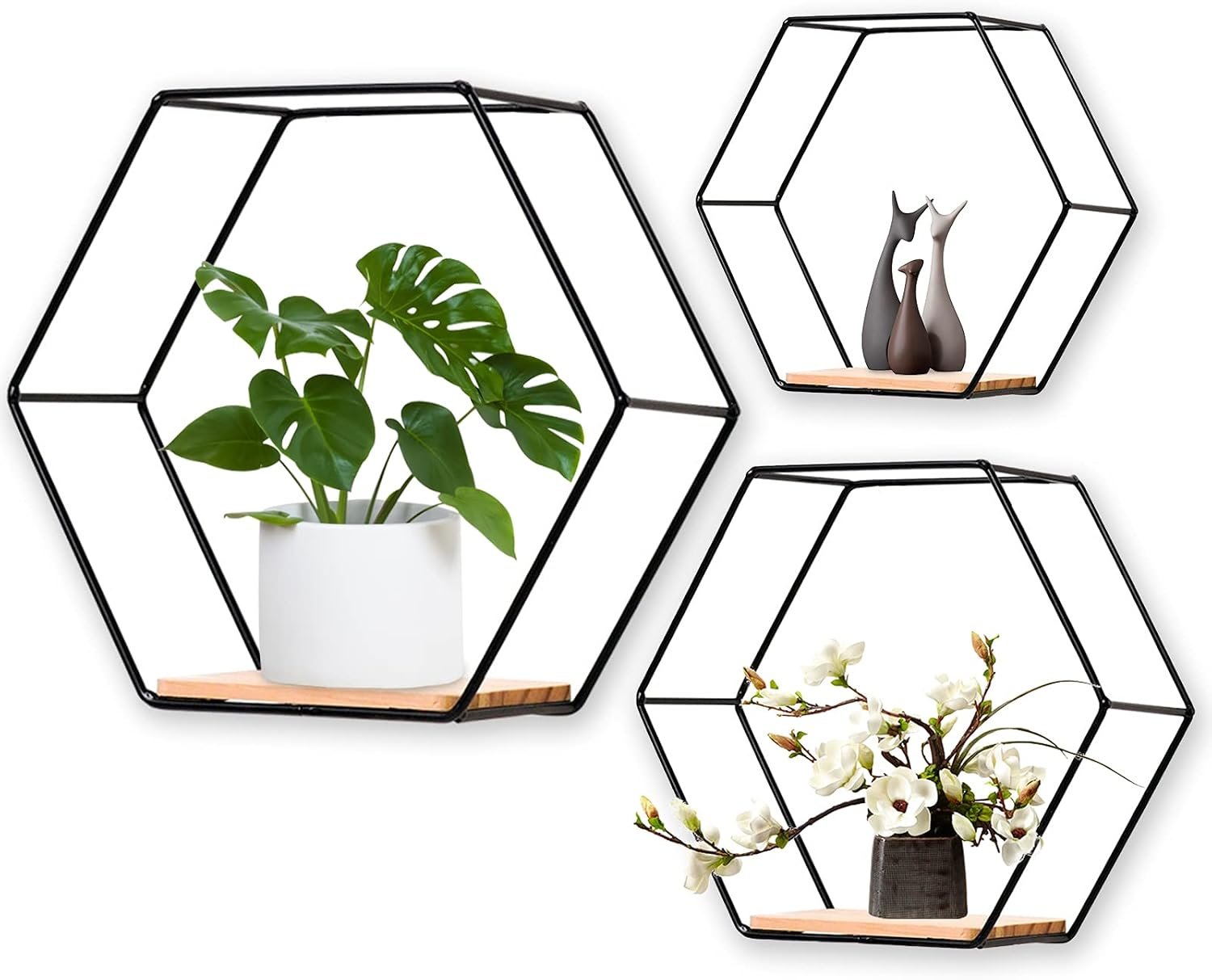 Hexagon Floating Shelves for Wall Decor, Set of 3 in Different Sizes, Black