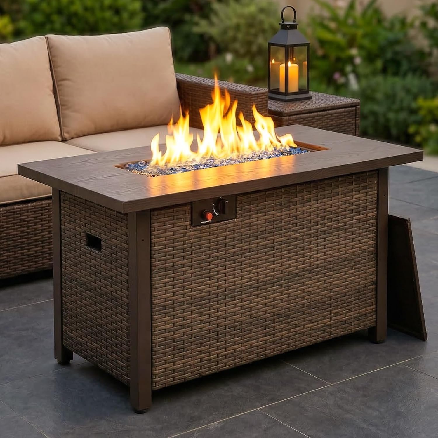 42″ Propane Fire Pit Table, 50,000 BTU Outdoor Gas Fire Table with Lid, 2-in-1 Rattan Rectangular Firepits for Outside Patio Backyard Deck Balcony (Brown)