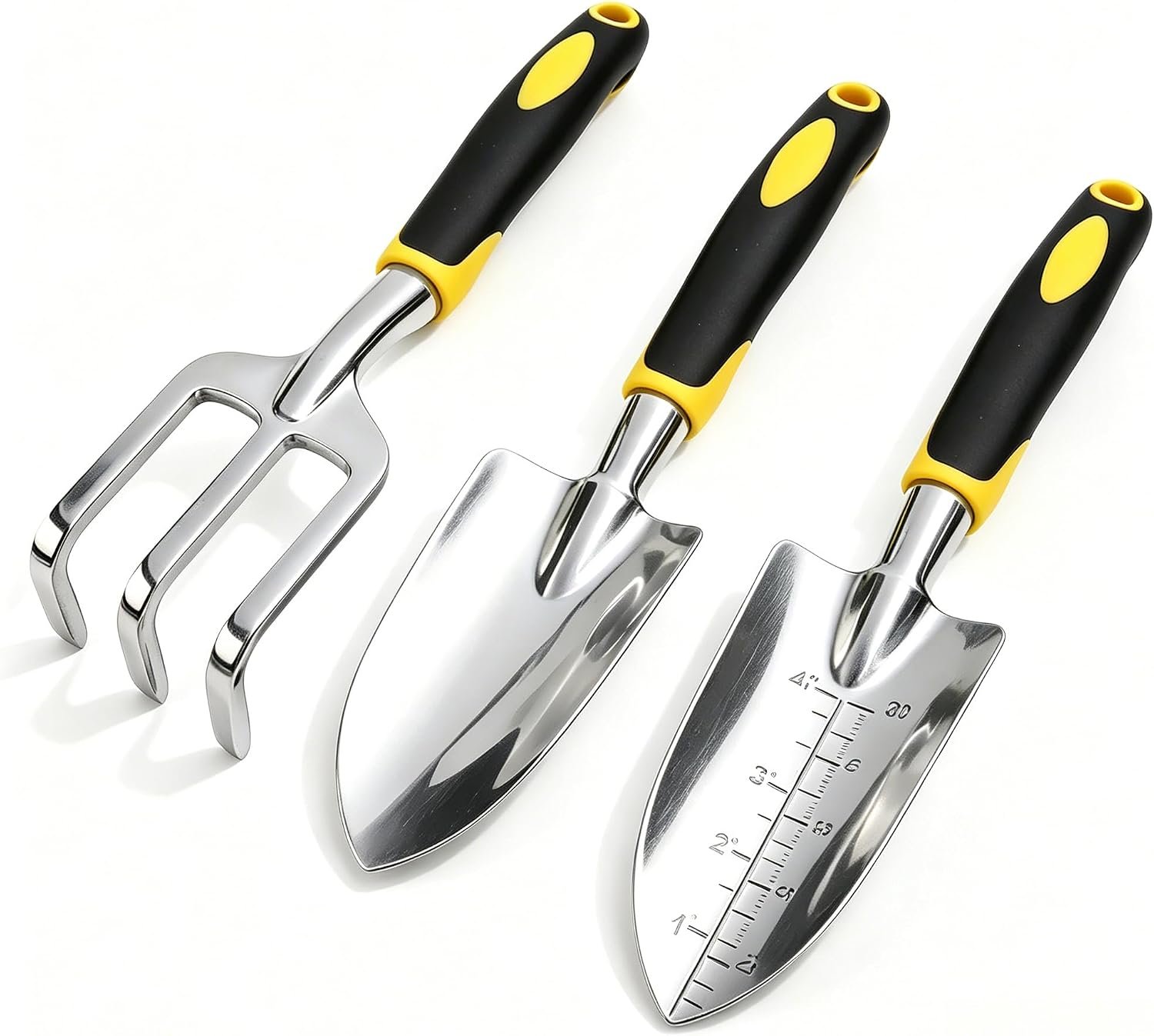 Stainless Steel Garden Tool Set，3 Pieces, Including Hand Shovel & Transplant Shovel & Hand Rake with Non-Slip Soft Ergonomic Handle (Yellow)