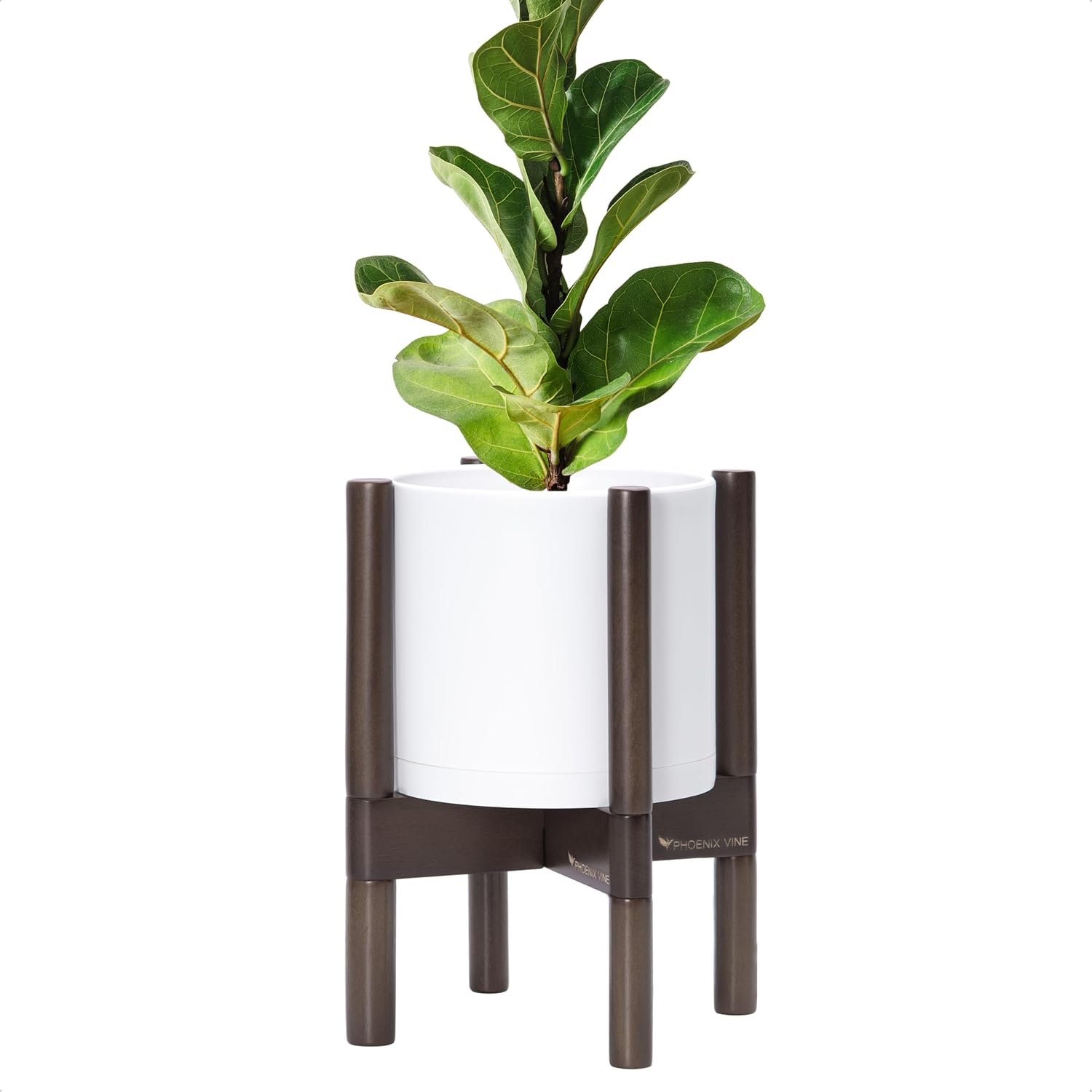 D’vine Dev Plastic Pot with Walnut Wood Stand, White, 8 in, 55-C-I-1